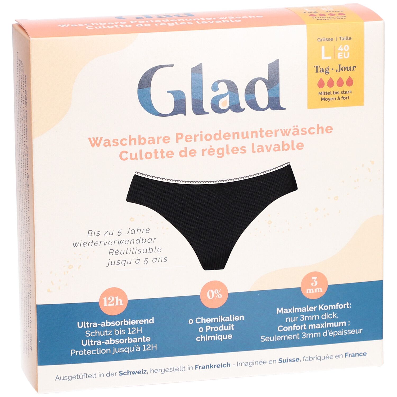 Culotte de règles lavable GLAD noire dans une boîte. Ultra-absorbante, protection 12h. Taille L, 40 EU. Confort 3mm. Sans produits chimiques.