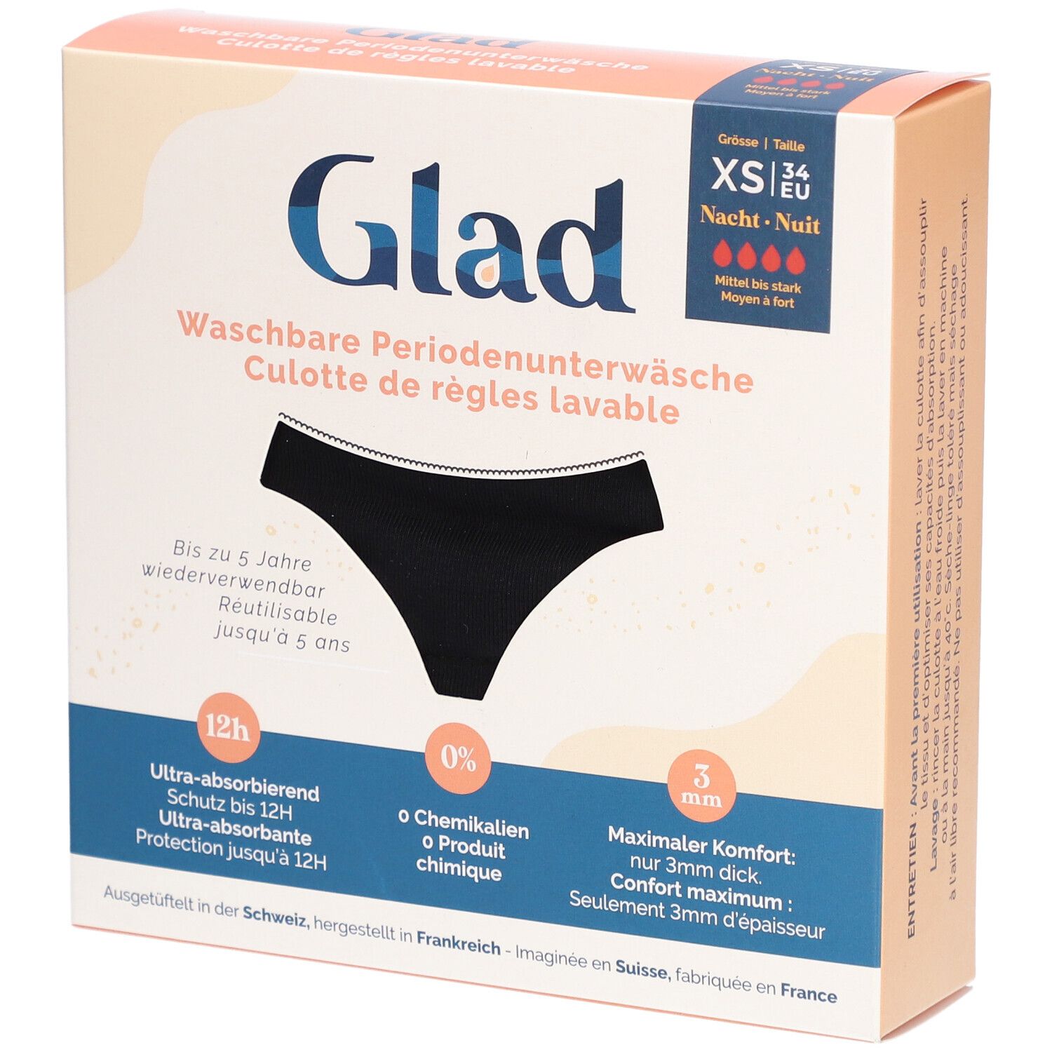 Boîte de sous-vêtements menstruels GLAD Nacht XS noirs. Lavable, réutilisable jusqu'à 5 ans. Ultra-absorbant, 0% produits chimiques, 3mm d'épaisseur.