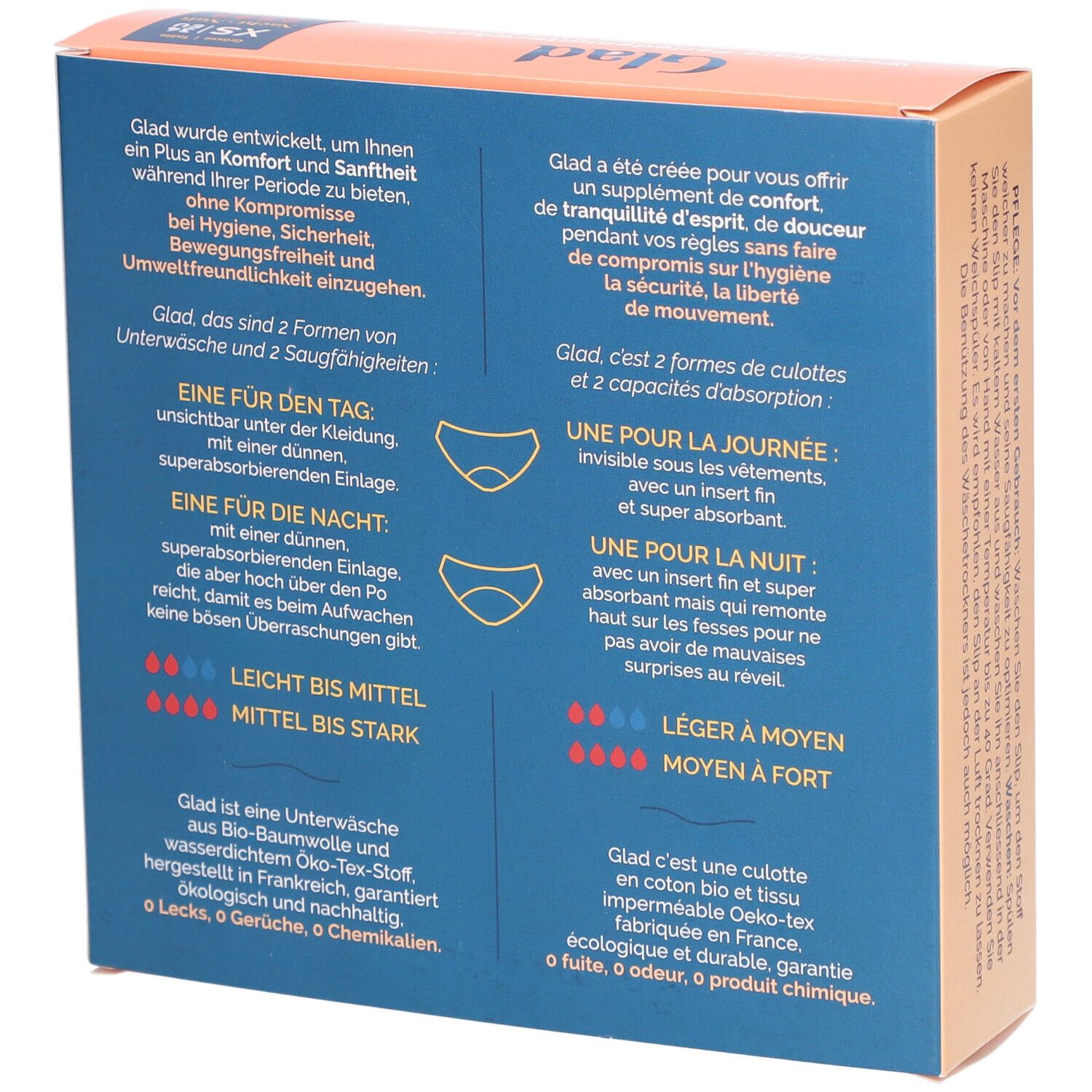 Dos de la boîte de sous-vêtements menstruels GLAD Nacht XS. Informations sur les caractéristiques et l'utilisation. Tissu Öko-Tex.