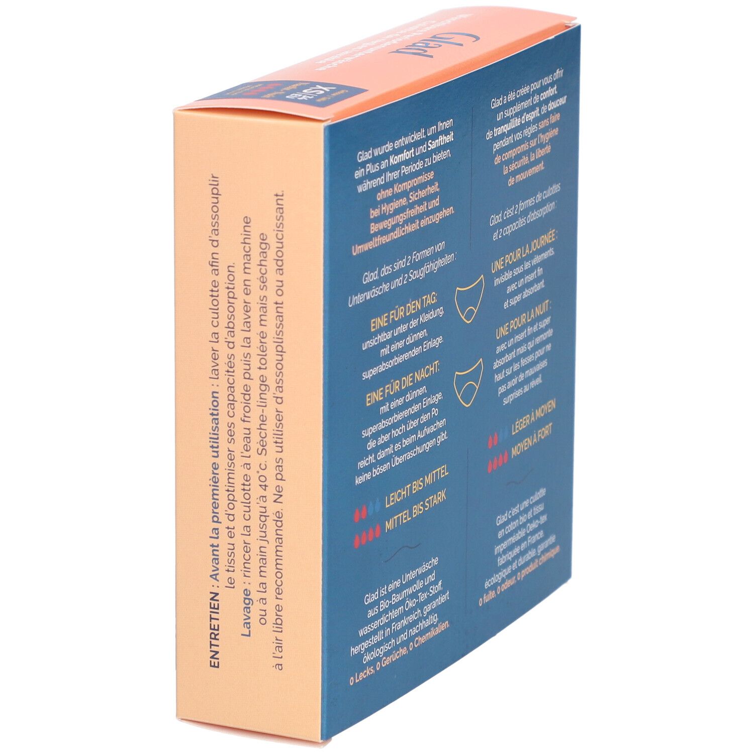 Vue latérale de la boîte de sous-vêtements menstruels GLAD Nacht XS. Informations sur les caractéristiques et l'utilisation. Tissu Öko-Tex.