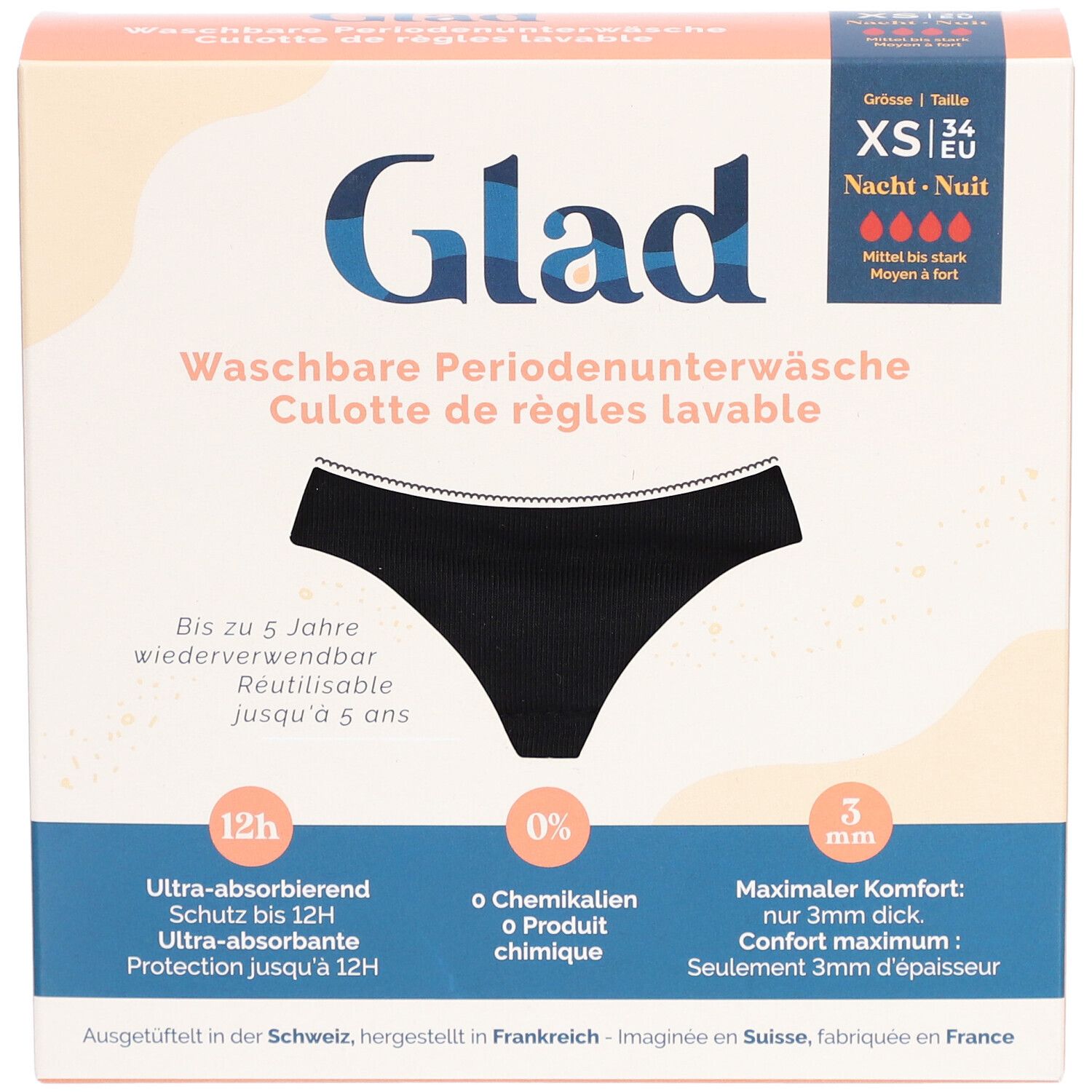 Boîte de sous-vêtements menstruels GLAD Nacht XS noirs. Lavable, réutilisable jusqu'à 5 ans. Ultra-absorbant, 0% produits chimiques, 3mm d'épaisseur.