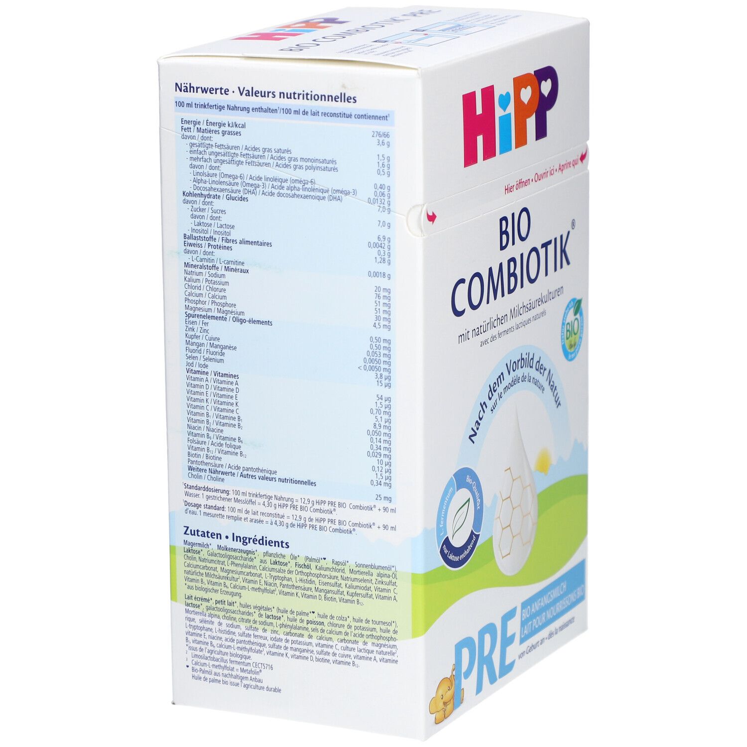 Boîte HiPP Bio Combiotik PRE. Tableau nutritionnel et liste des ingrédients. Informations produit.