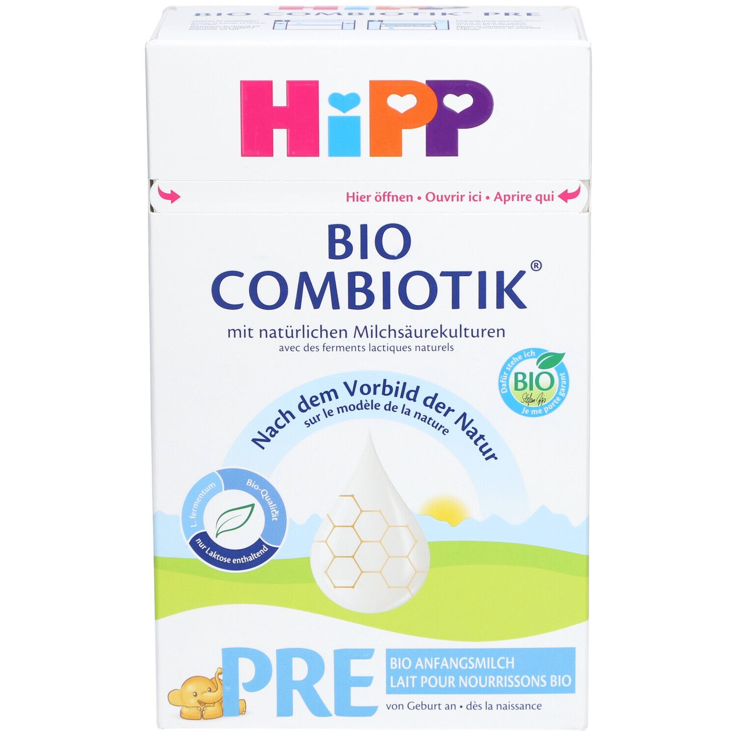 Boîte de lait infantile HiPP Bio Combiotik PRE. Informations produit et logo. Label bio.