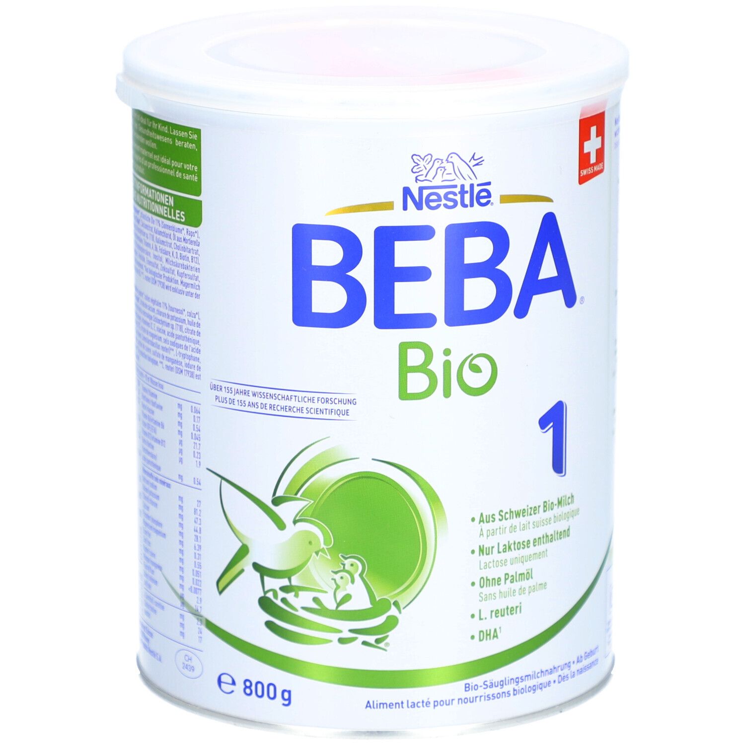 Boîte avec couvercle, inscription BEBA Bio 1, logo Nestlé, croix suisse. Contenu 800g. Vue en biais de face.