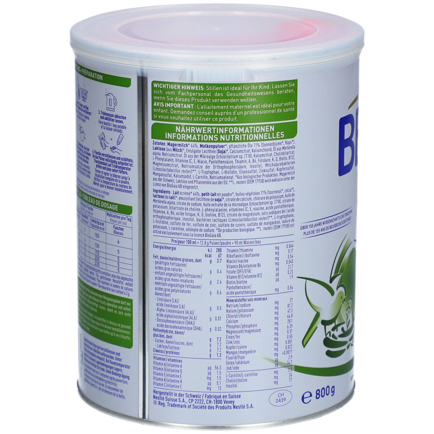 Dos de la boîte avec informations nutritionnelles et texte. Contient des informations en plusieurs langues.