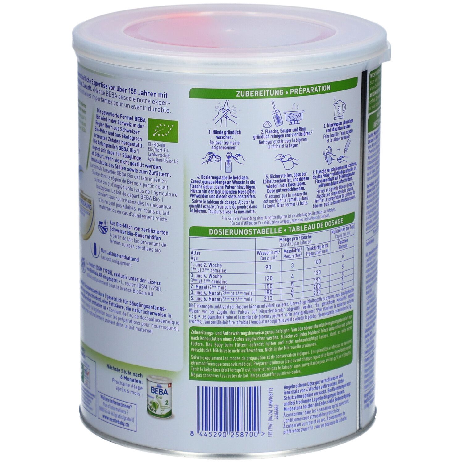 Dos de la boîte avec instructions de préparation et tableau de dosage. Texte multilingue.