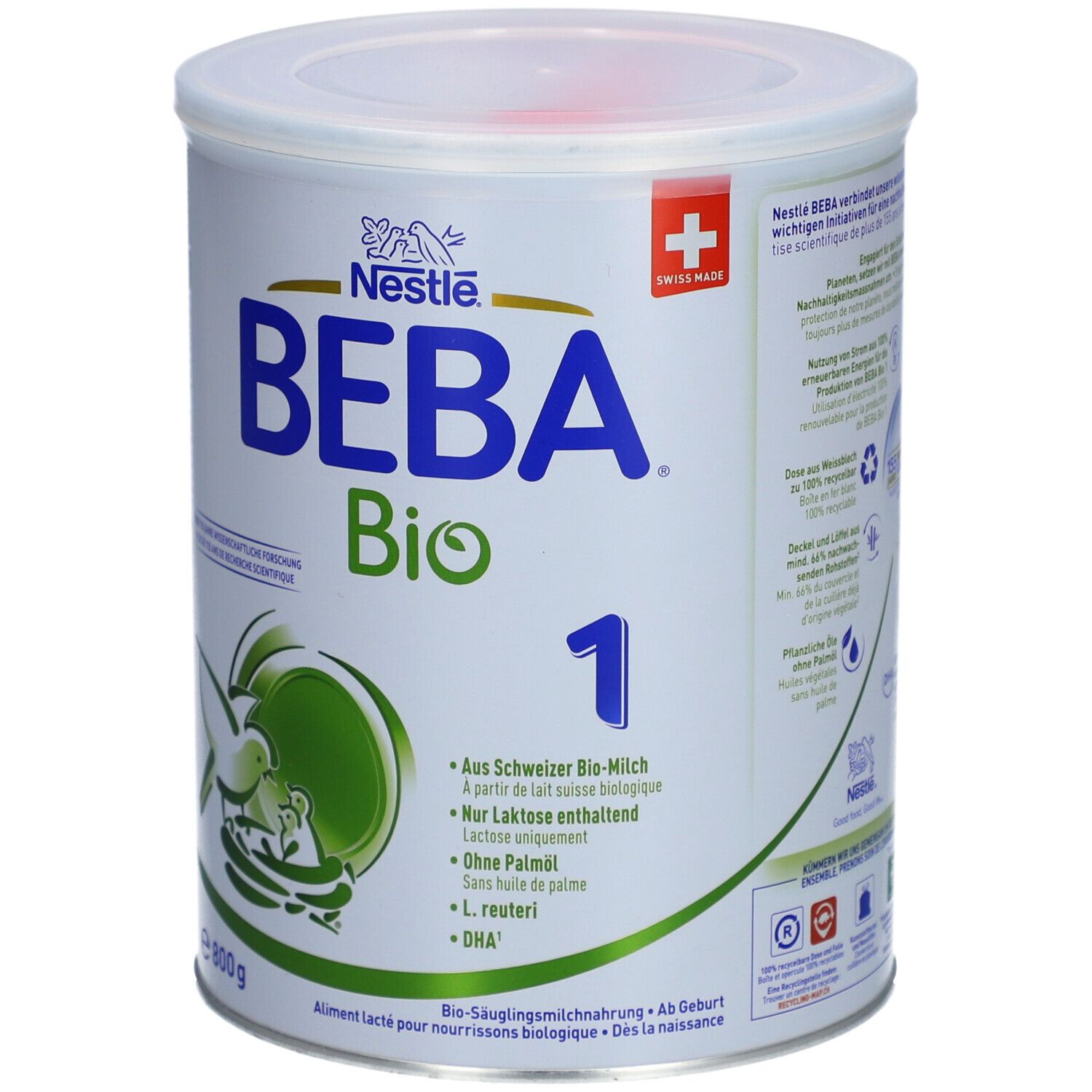 Boîte avec couvercle, inscription BEBA Bio 1, logo Nestlé, croix suisse. Contenu 800g. Vue en biais.