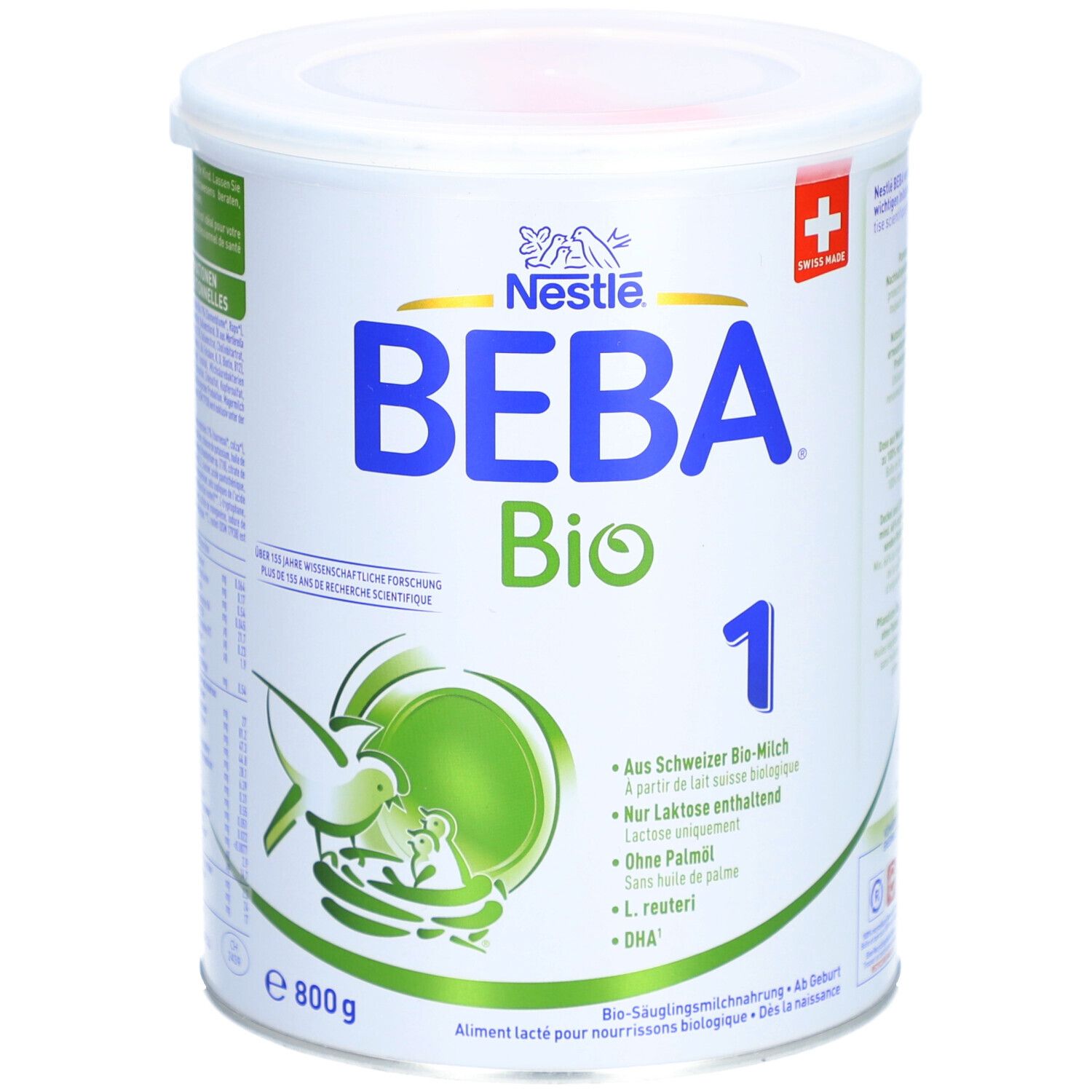 Boîte ronde avec couvercle. Inscription BEBA Bio 1, logo Nestlé, croix suisse. Contenu 800g.