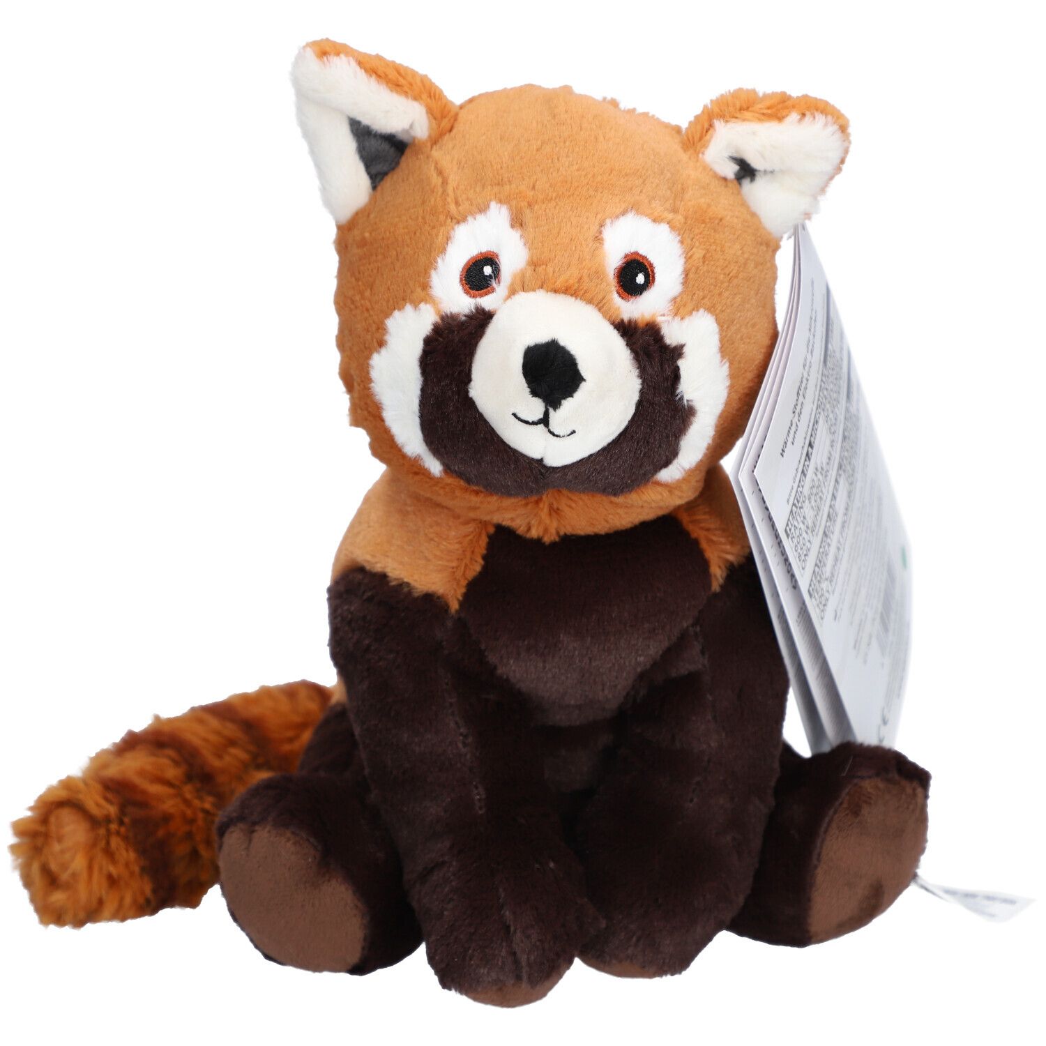 Peluche panda roux. Position assise, avec étiquette. Oreilles, yeux, nez et queue visibles.