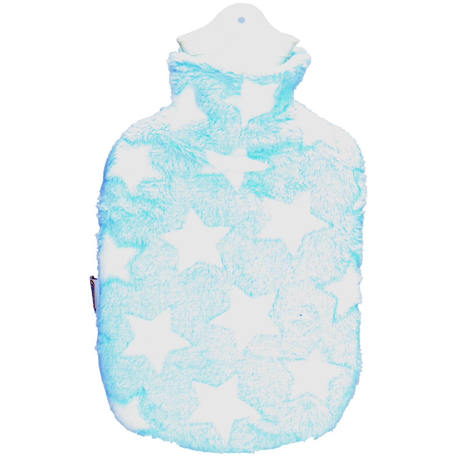 Bouillotte avec housse en peluche bleue et étoiles blanches. Avec crochet de suspension.