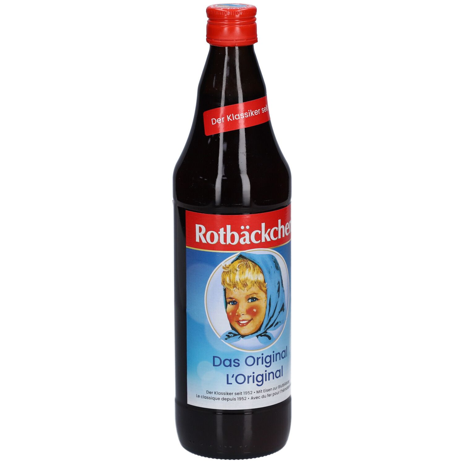 Bouteille en verre brun avec bouchon rouge. Étiquette avec "Rotbäckchen" et visage d'enfant. Texte: "Das Original L'Original".