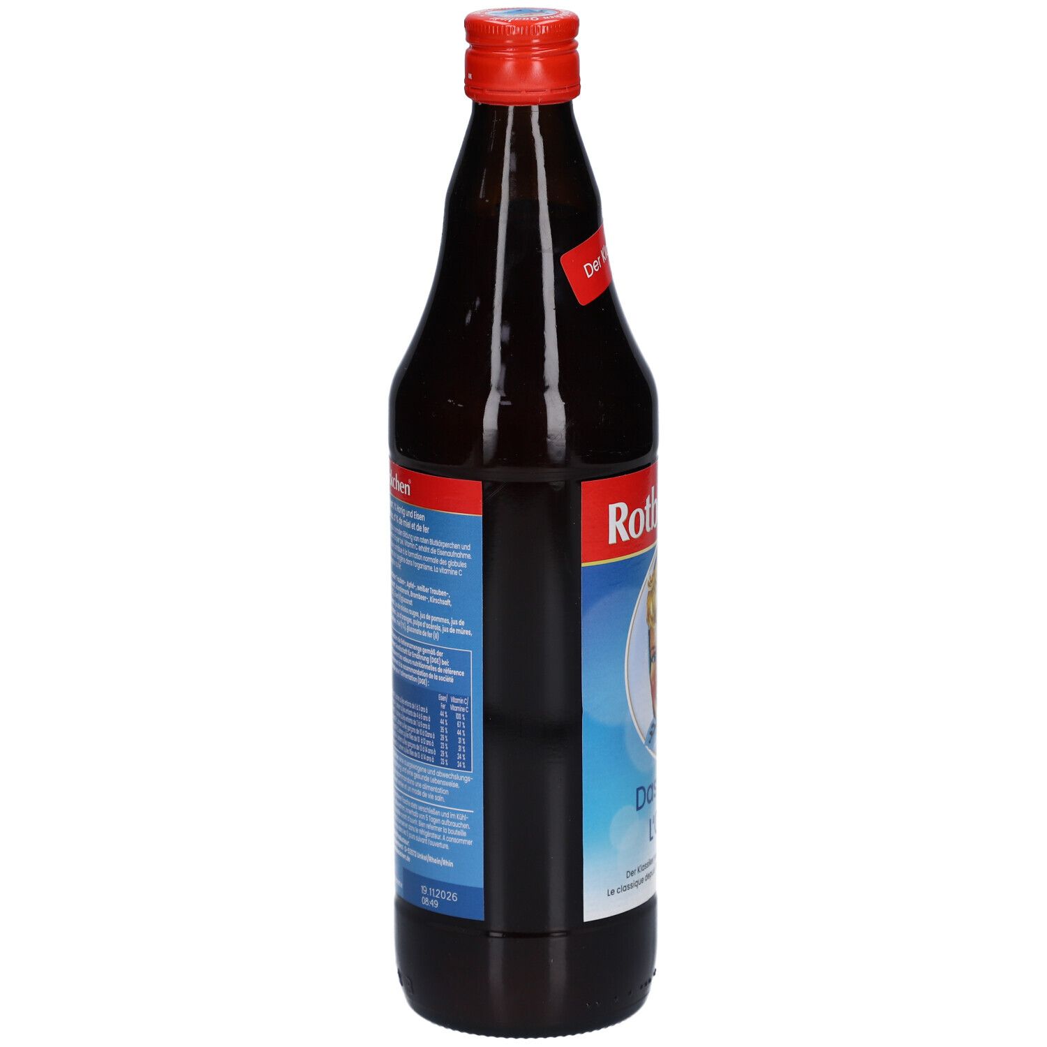 Bouteille en verre brun avec bouchon rouge. Étiquette avec texte et informations nutritionnelles. "Rotbäckchen" et logo.