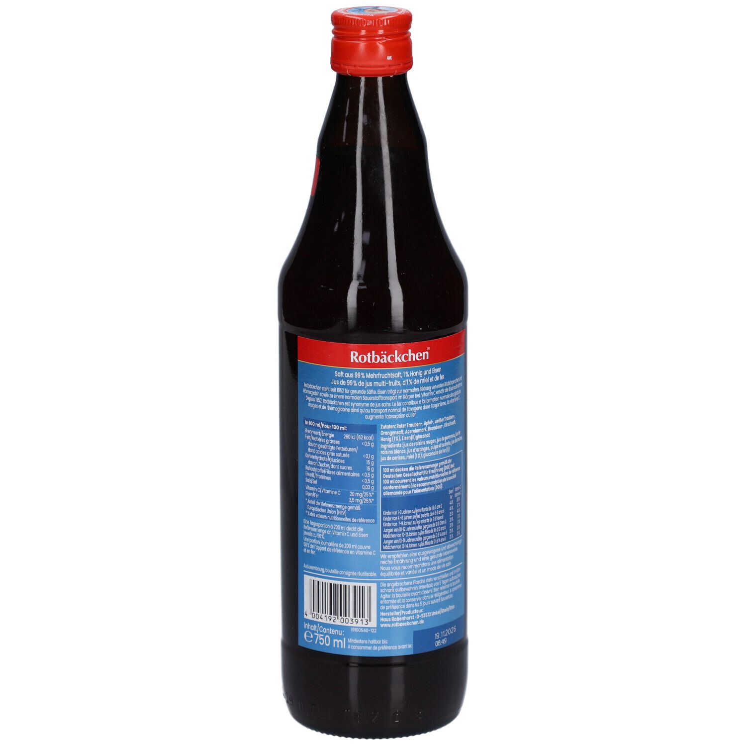 Bouteille en verre brun avec bouchon rouge. Dos avec texte et informations nutritionnelles. "Rotbäckchen" et logo.
