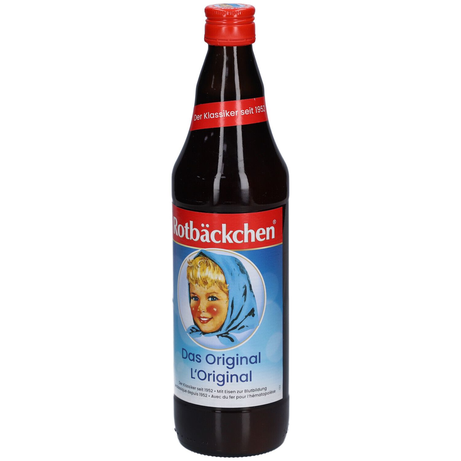 Bouteille en verre brun avec bouchon rouge. Étiquette avec "Rotbäckchen" et visage d'enfant. Texte: "Das Original L'Original".