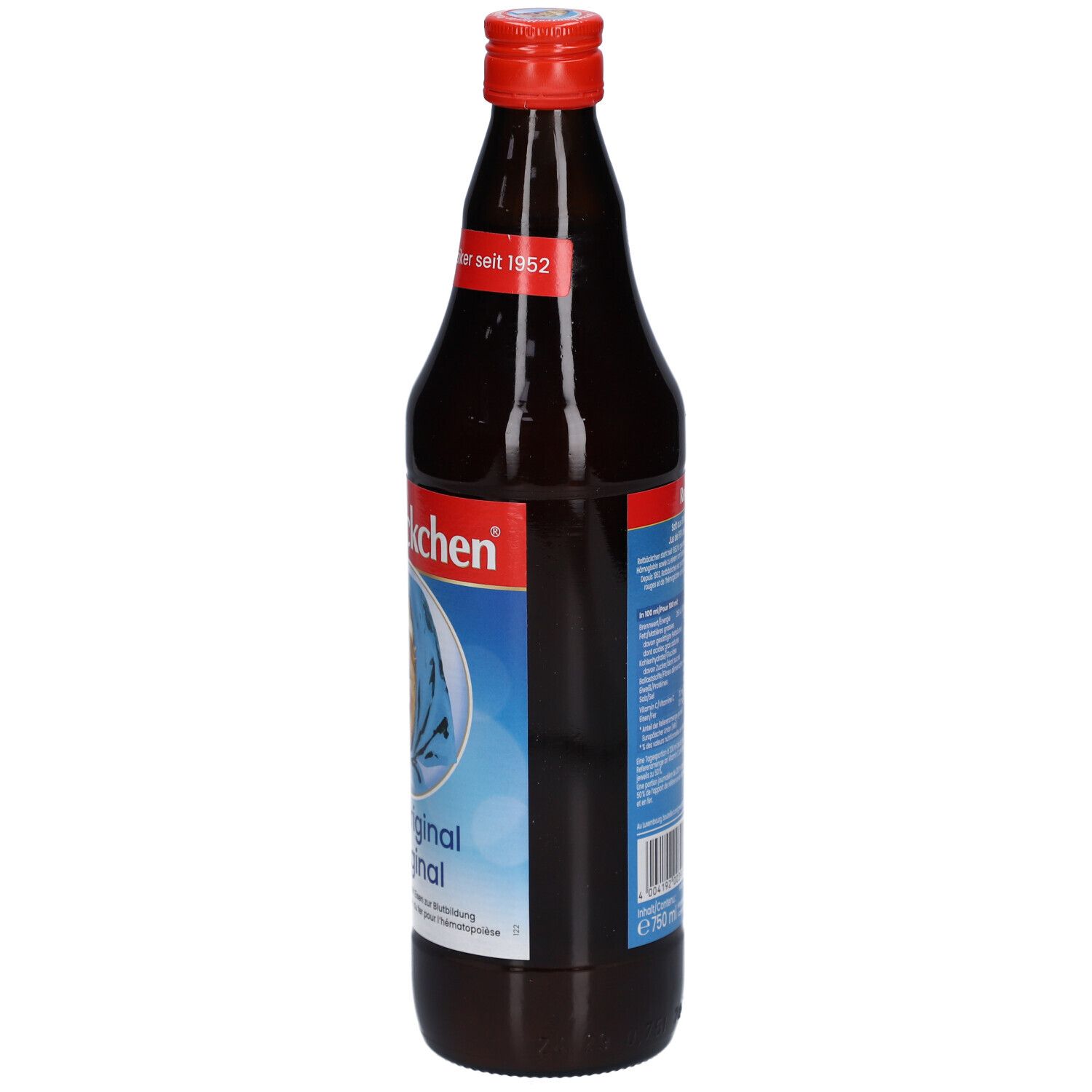 Bouteille en verre brun avec bouchon rouge. Étiquette avec "Rotbäckchen" et texte. Inscription: "Das Original L'Original".