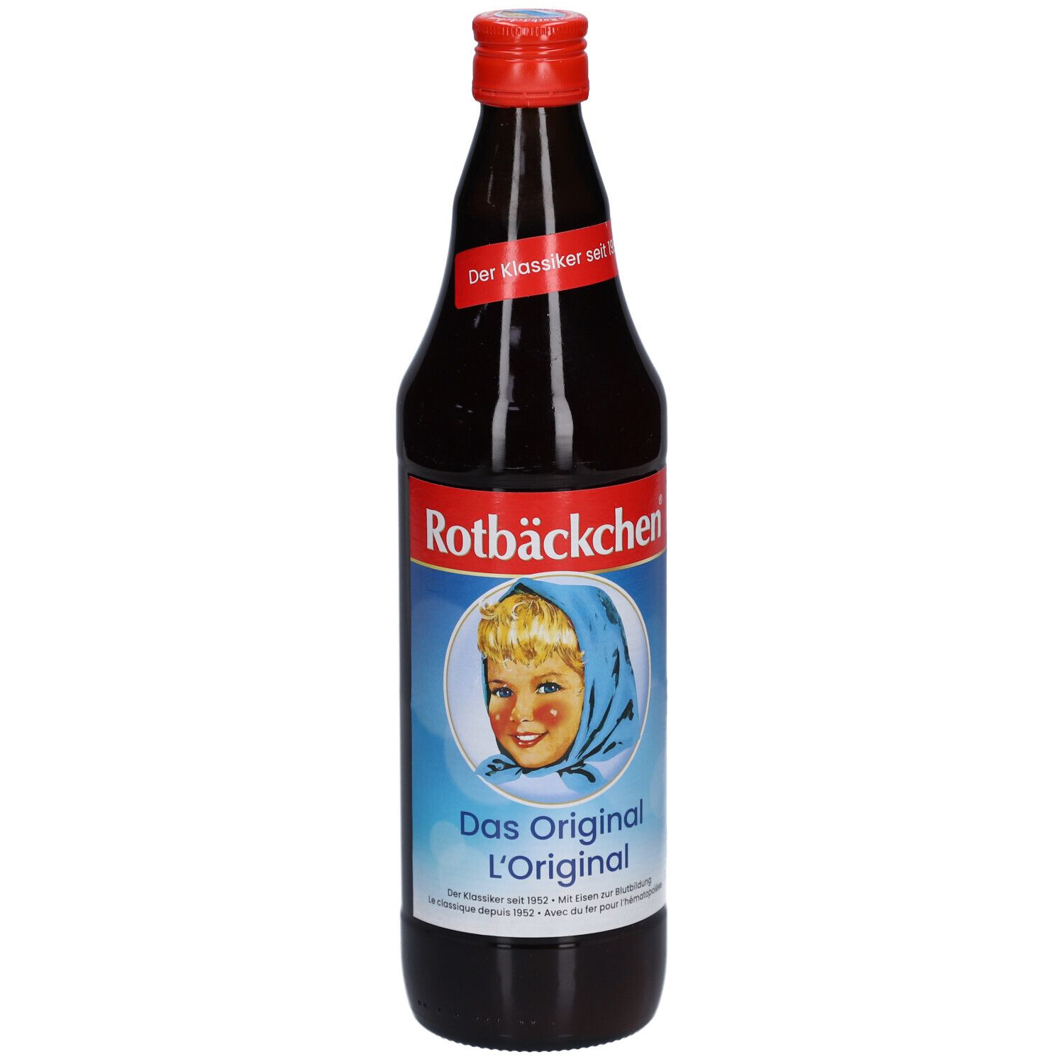 Bouteille en verre brun avec bouchon rouge. Étiquette avec "Rotbäckchen" et visage d'enfant. Texte: "Das Original L'Original".