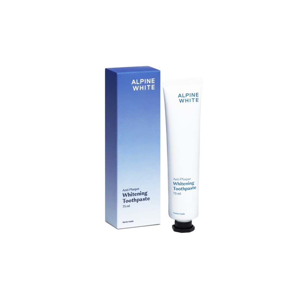Tube et boîte de dentifrice. Boîte bleue et tube blanc. Texte: ALPINE WHITE, Anti-Plaque, Whitening Toothpaste.