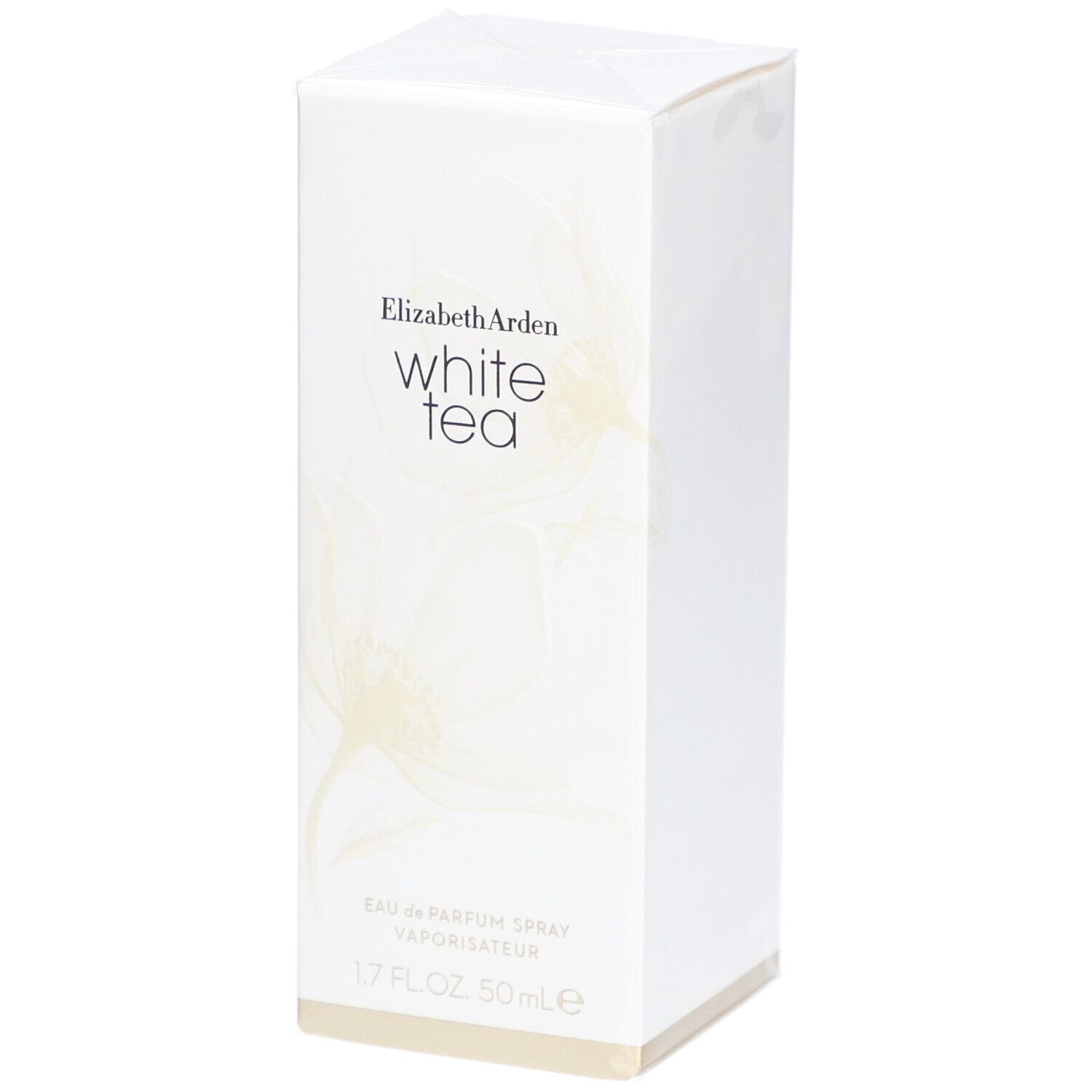 Boîte blanche rectangulaire avec Elizabeth Arden White Tea. Inscription: Eau de Parfum Spray, 1.7 FL.OZ. 50ml e.