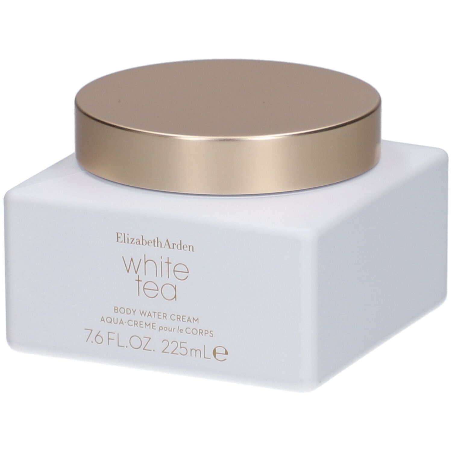 Pot carré blanc avec couvercle doré. Inscription: Elizabeth Arden White Tea Body Water Cream.