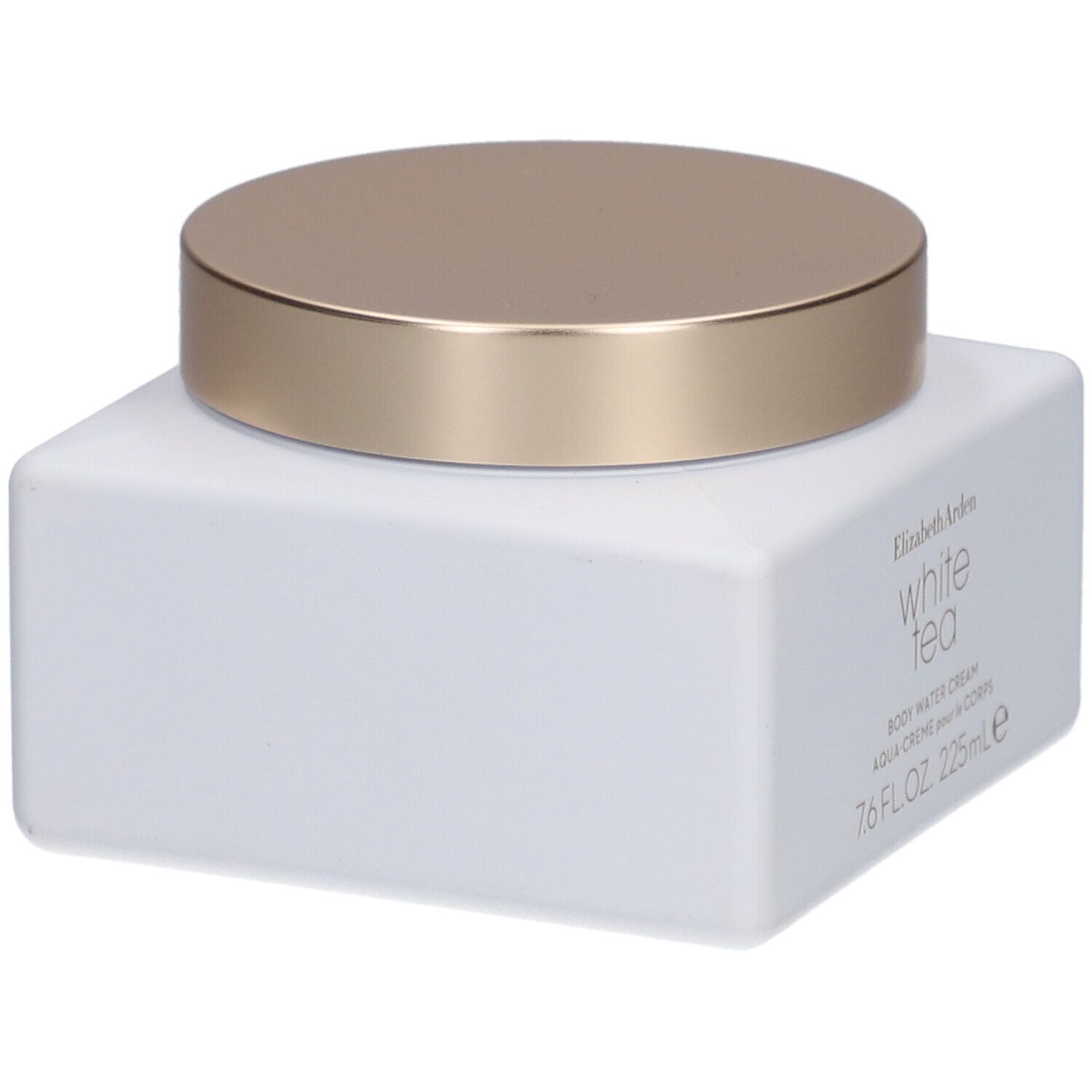 Pot carré blanc avec couvercle doré. Inscription: Elizabeth Arden White Tea Body Water Cream.