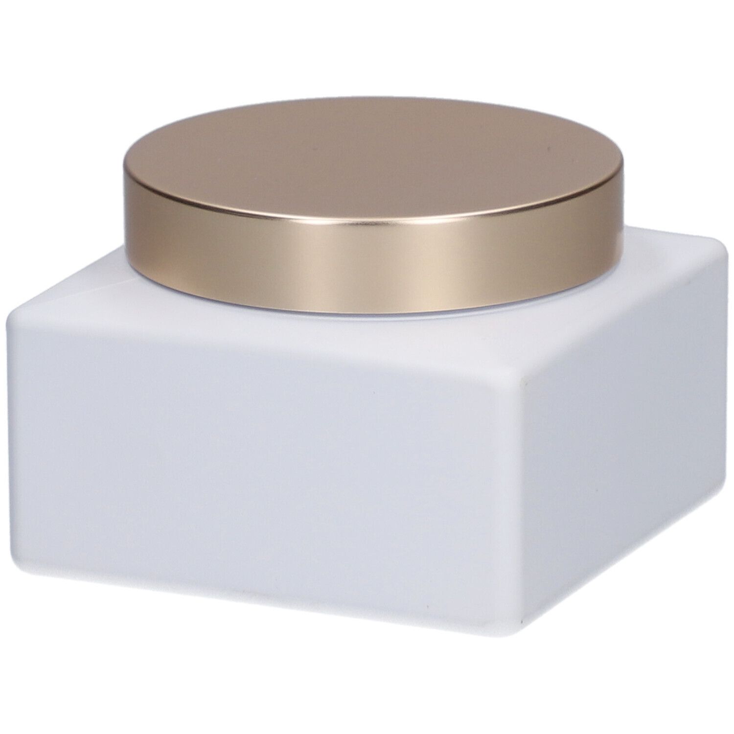 Pot carré blanc avec couvercle doré. Aucune inscription visible.