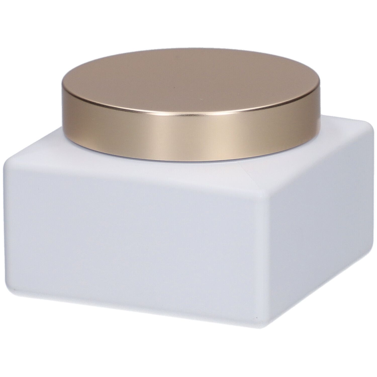 Pot carré blanc avec couvercle doré. Aucune inscription visible.