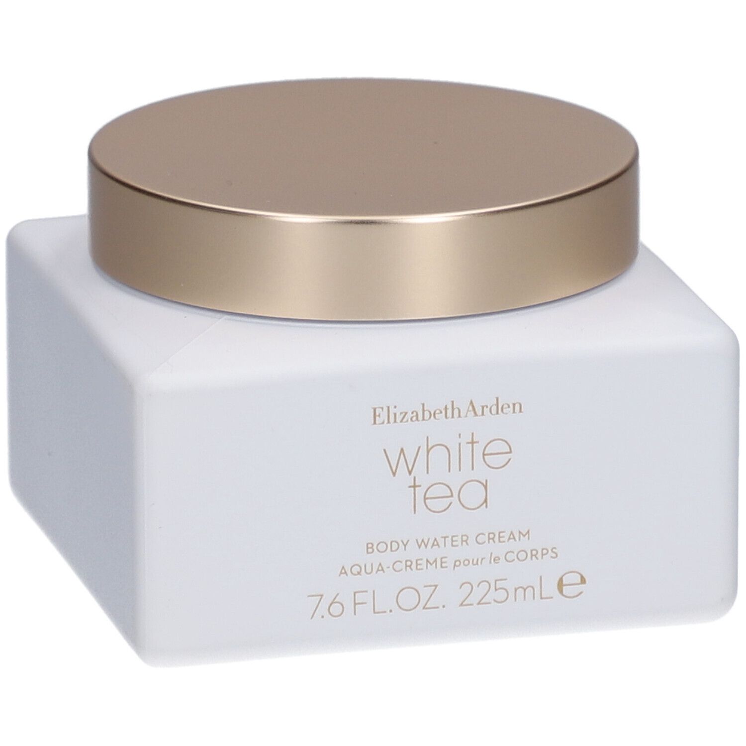 Pot carré blanc avec couvercle doré. Inscription: Elizabeth Arden White Tea Body Water Cream.