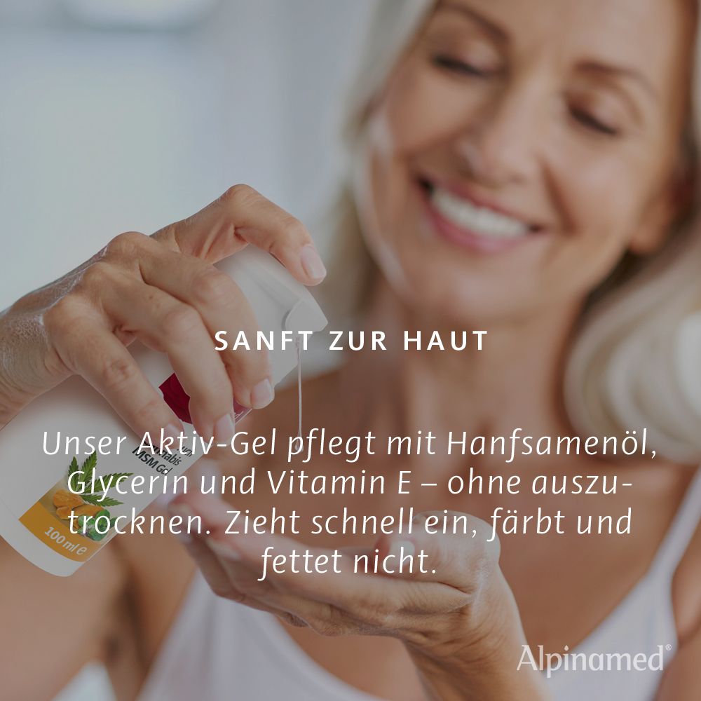 Femme avec gel. Texte: Doux pour la peau. Notre gel actif soigne avec de l'huile de graines de chanvre. Alpinamed.