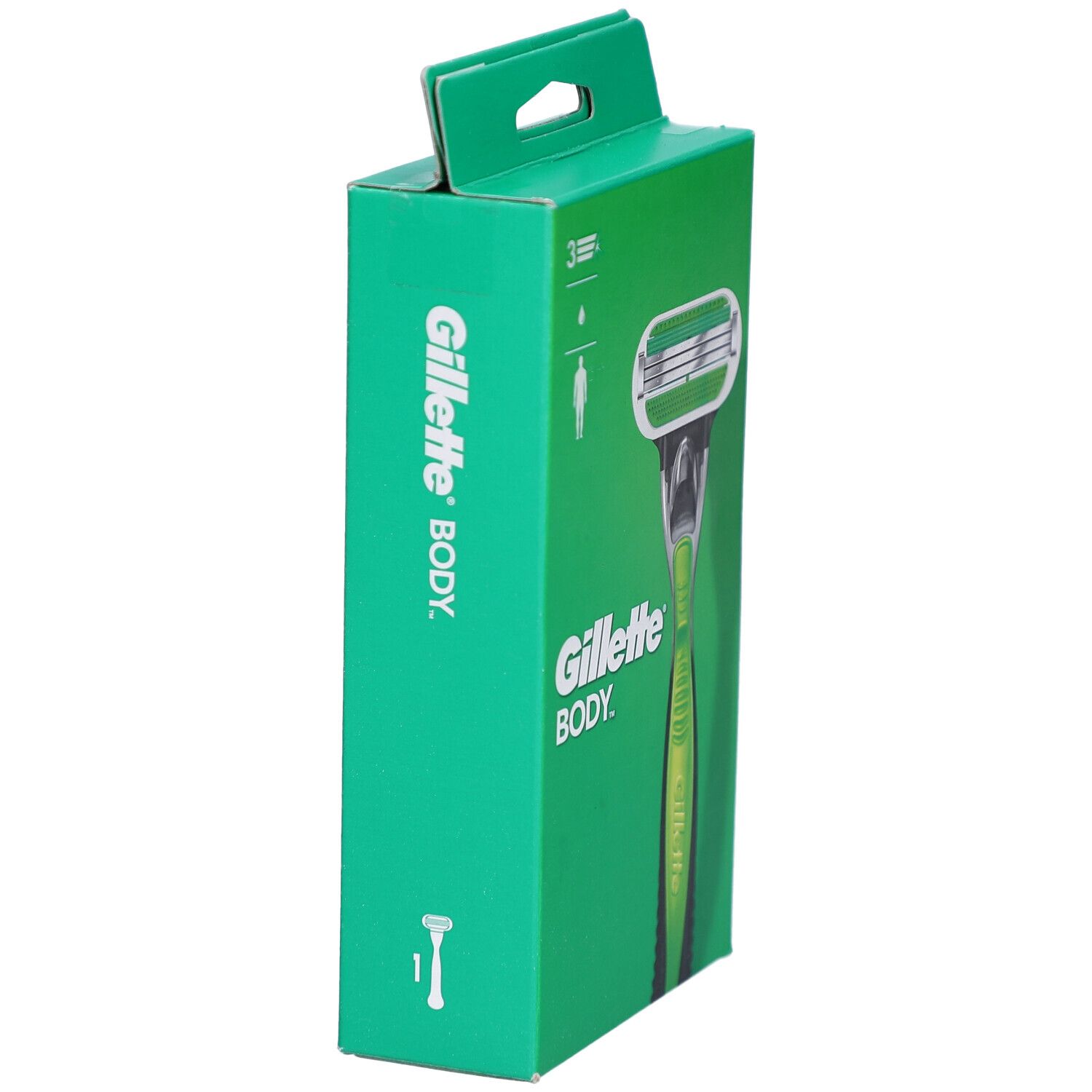 Emballage vert avec rasoir. Rasoir Gillette Body avec manche vert et tête argentée. 3 lames.