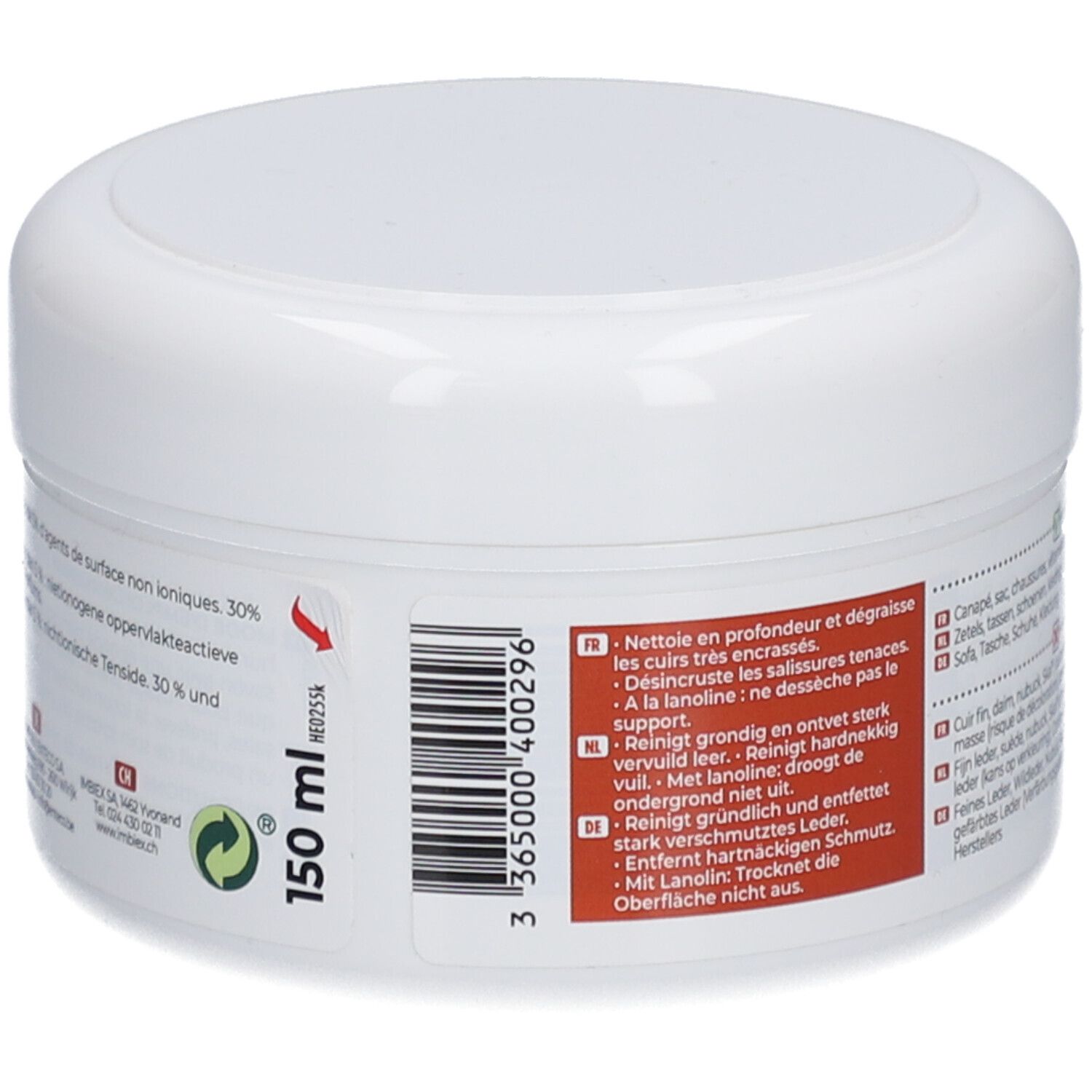 Pot blanc avec couvercle. Autocollant avec texte et symboles. Texte: 150 ml. Symbole de recyclage vert. Texte: Nettoie en profondeur.