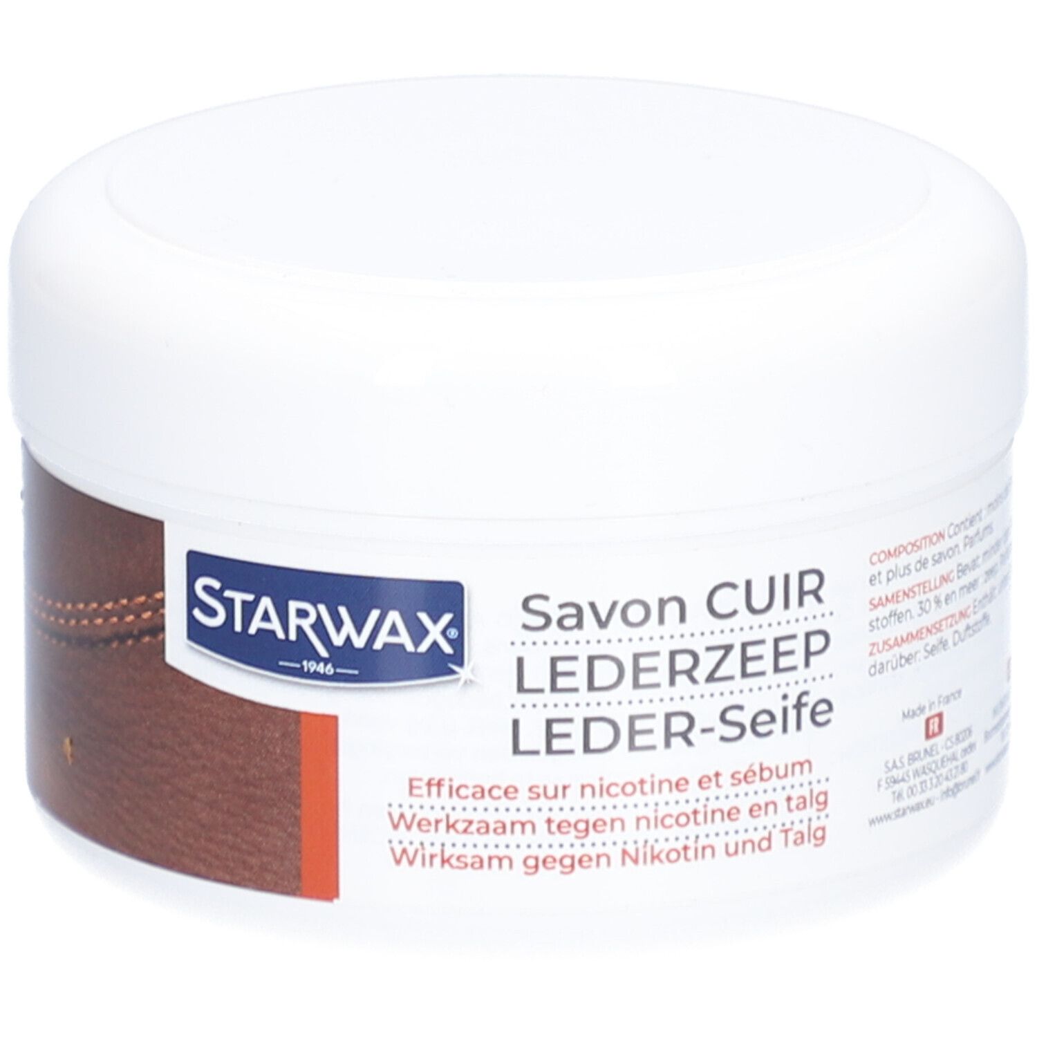 Pot blanc avec couvercle. Inscription STARWAX, Savon cuir. Détail cuir marron. Texte: Efficace contre nicotine et sébum.