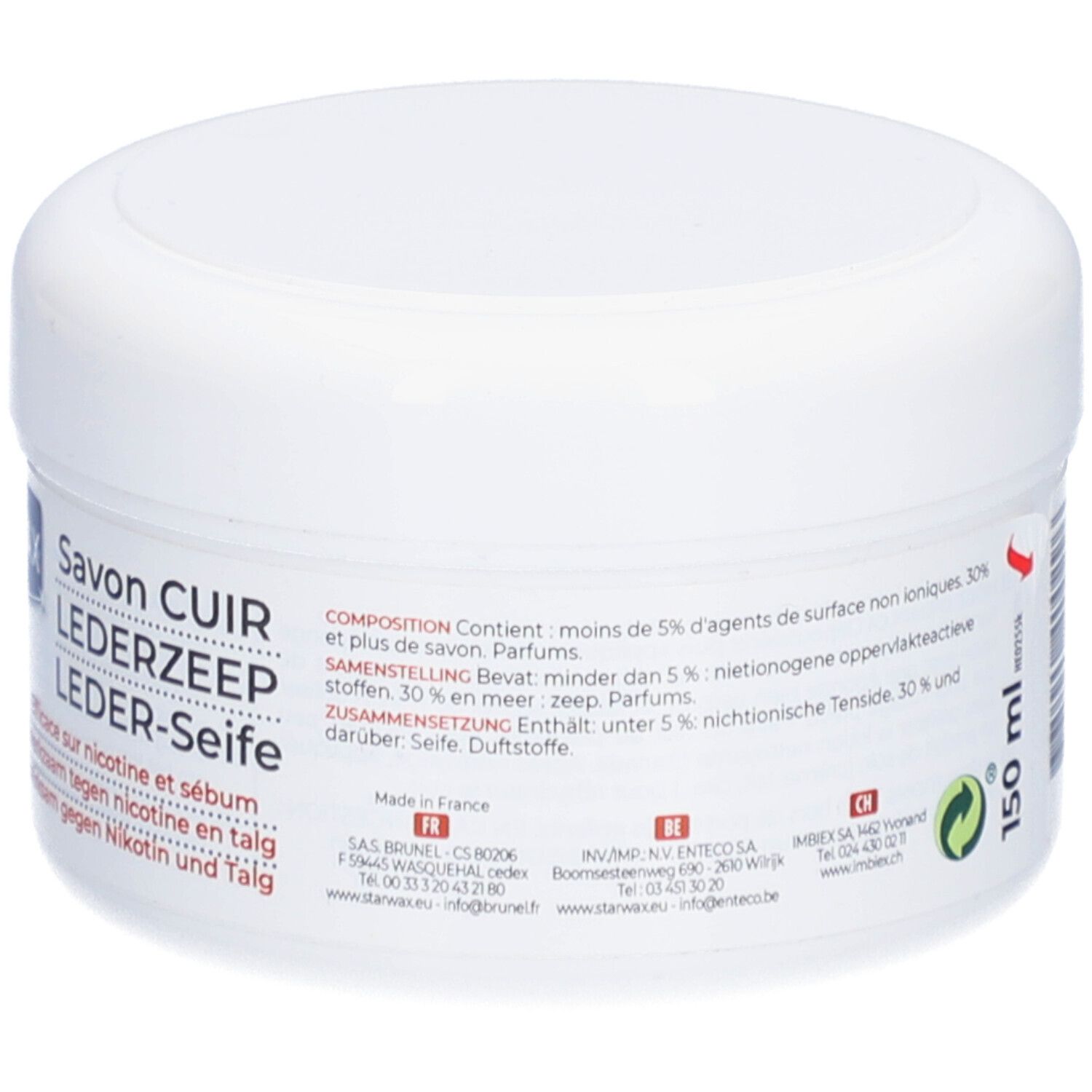 Pot blanc avec couvercle. Inscription STARWAX, Savon cuir. Texte: 150 ml. Symbole de recyclage vert. Texte: Composition: Parfums.