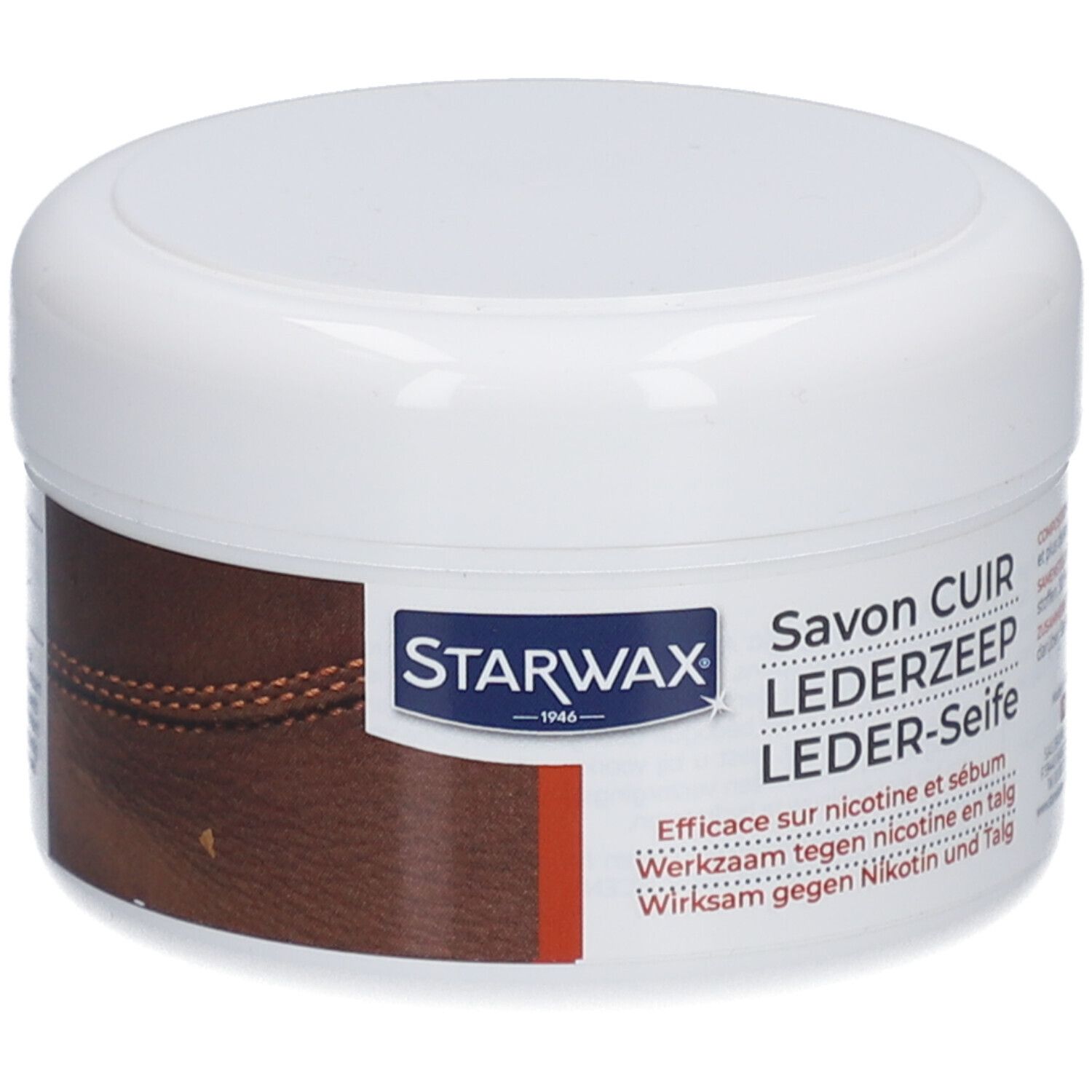 Pot blanc avec couvercle. Inscription STARWAX, Savon cuir. Détail cuir marron. Texte: Efficace contre nicotine et sébum.