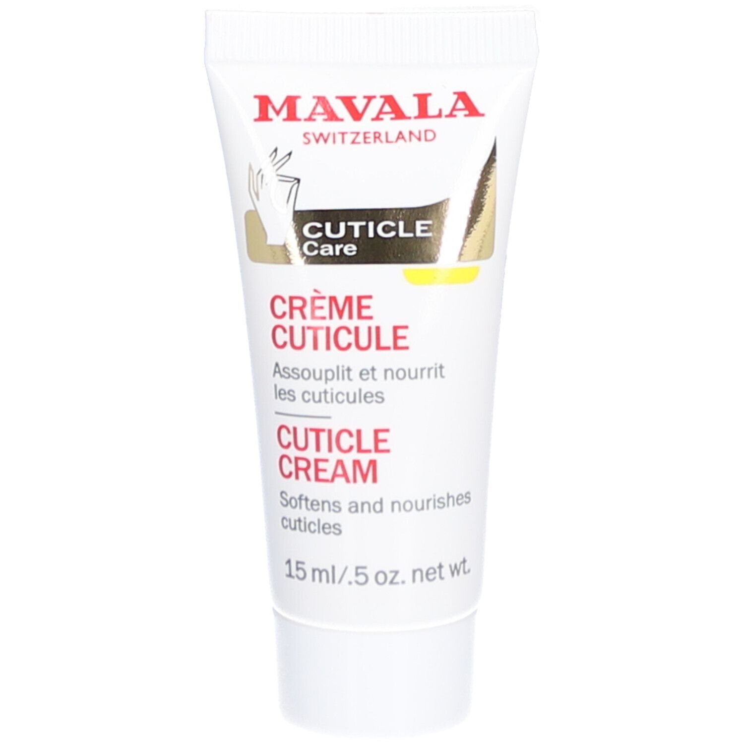 Tube blanche avec impression rouge et dorée. Contient de la crème cuticule. Texte: MAVALA, CUTICLE Care, Crème Cuticule, 15 ml.