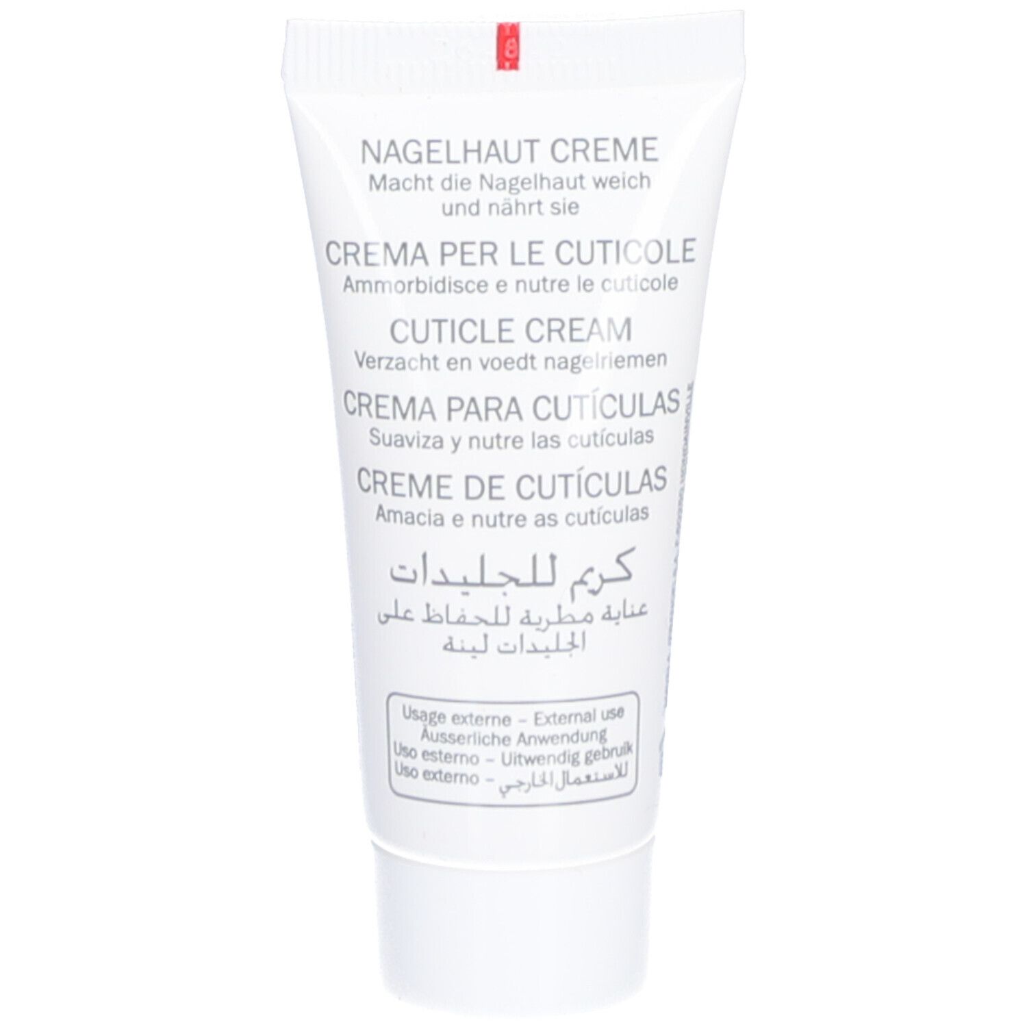 Tube blanc avec texte en plusieurs langues. Contient de la crème cuticule. Texte: Crème Cuticule, Cuticle Cream, Crema per le cuticole.