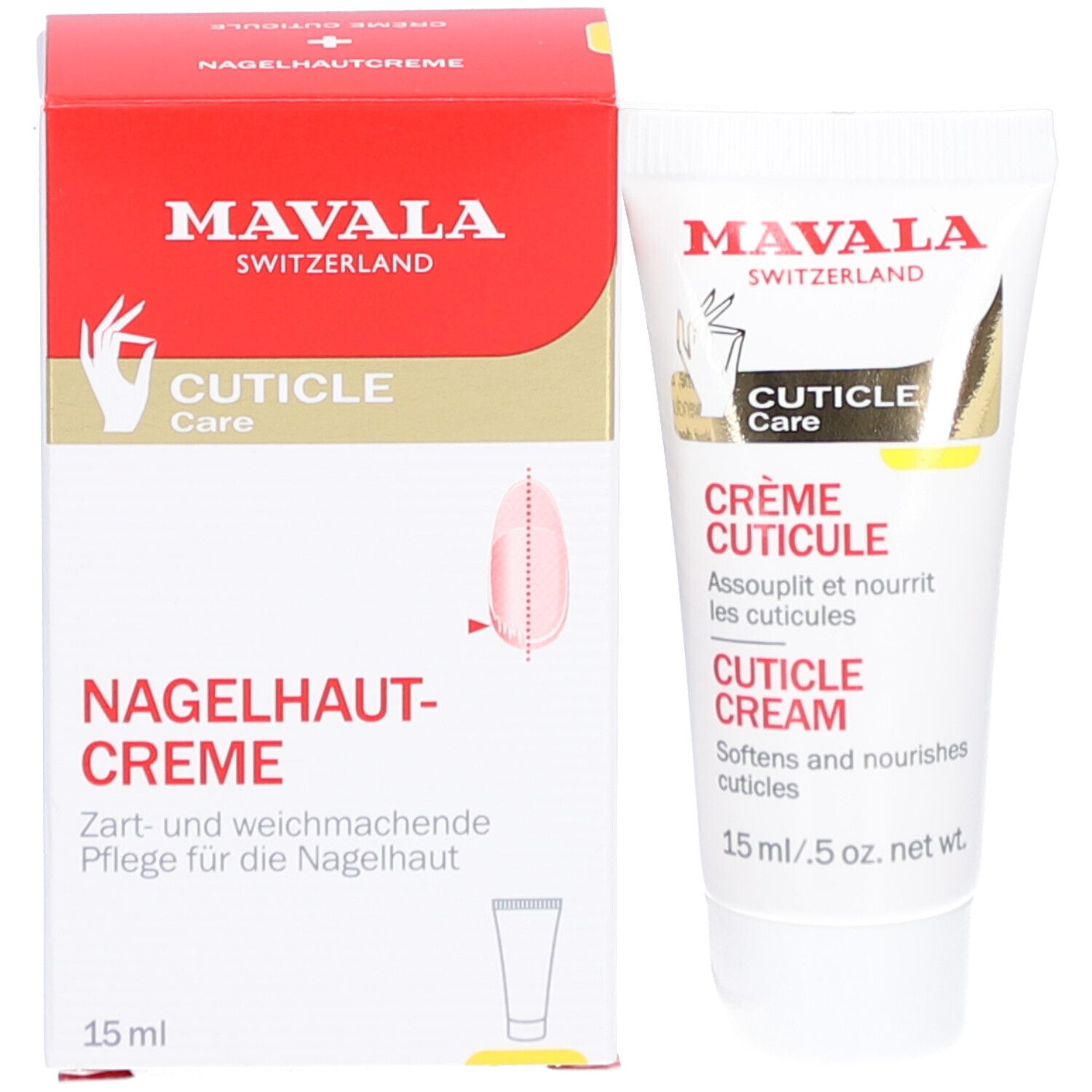 Emballage produit avec tube. Boîte rouge avec tube blanc. Texte: MAVALA, Crème Cuticule, CUTICLE Care, 15 ml.