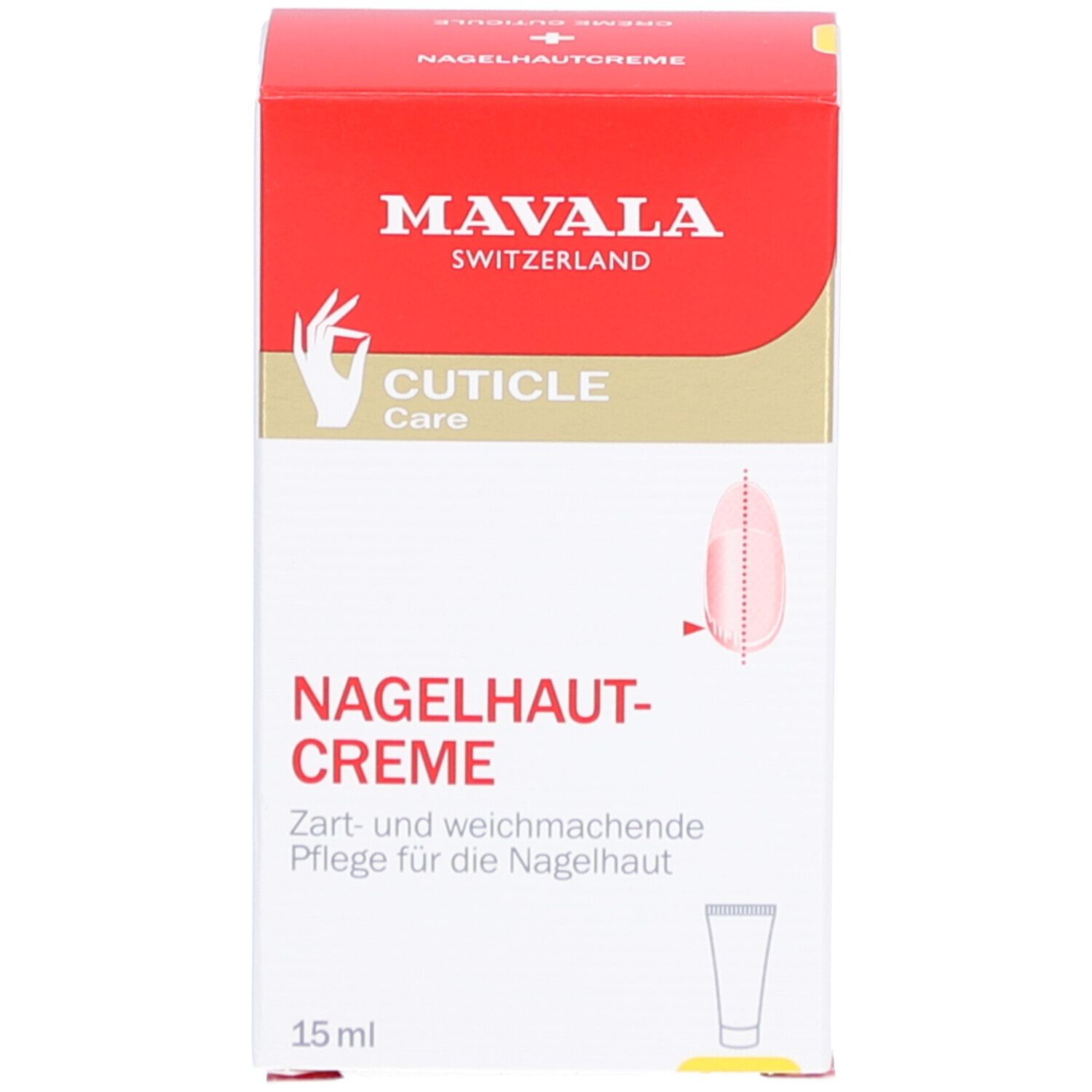 Boîte rouge avec tube blanc. Texte: MAVALA, Crème Cuticule, CUTICLE Care, 15 ml. Illustration d'un contour d'ongle.