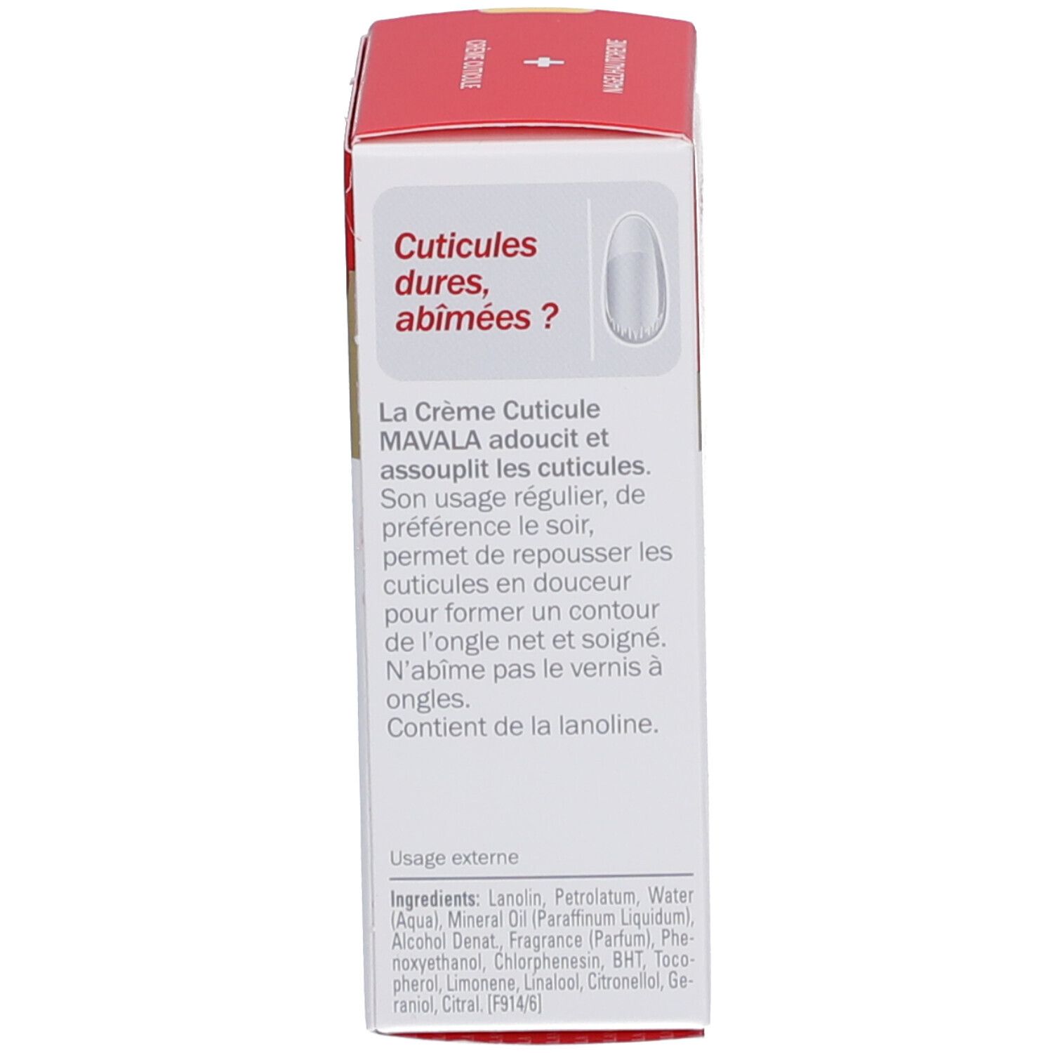 Dos de l'emballage du produit. Texte: Crème Cuticule MAVALA, ingrédients, mode d'emploi.