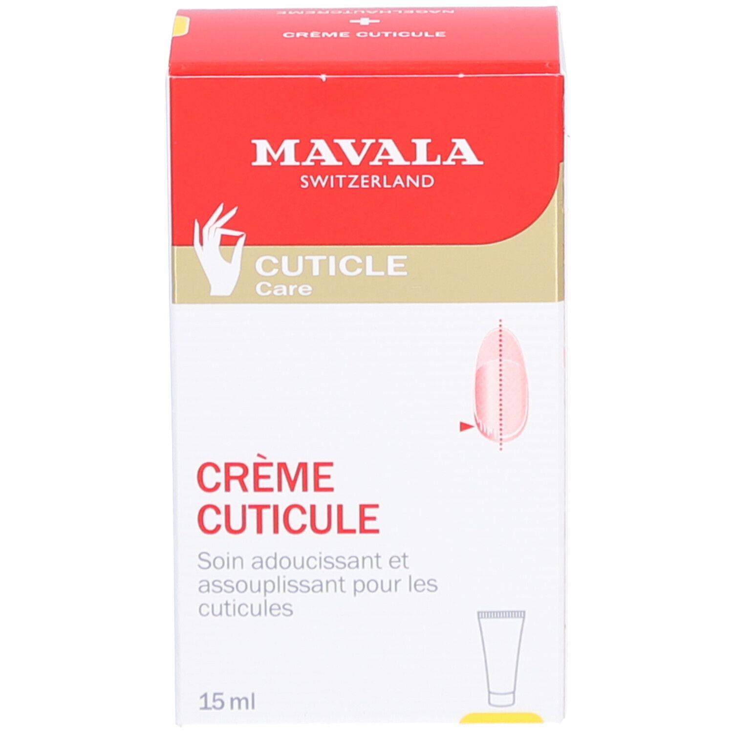 Emballage du produit. Boîte rouge avec tube blanc. Texte: MAVALA, Crème Cuticule, CUTICLE Care, 15 ml.