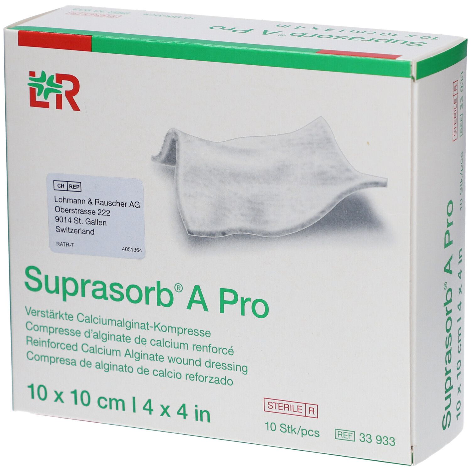 Boîte de compresses Suprasorb® A Pro 10 x 10 cm. Contient 10 pièces. Visible : logo, nom du produit, description, adresse du fabricant.