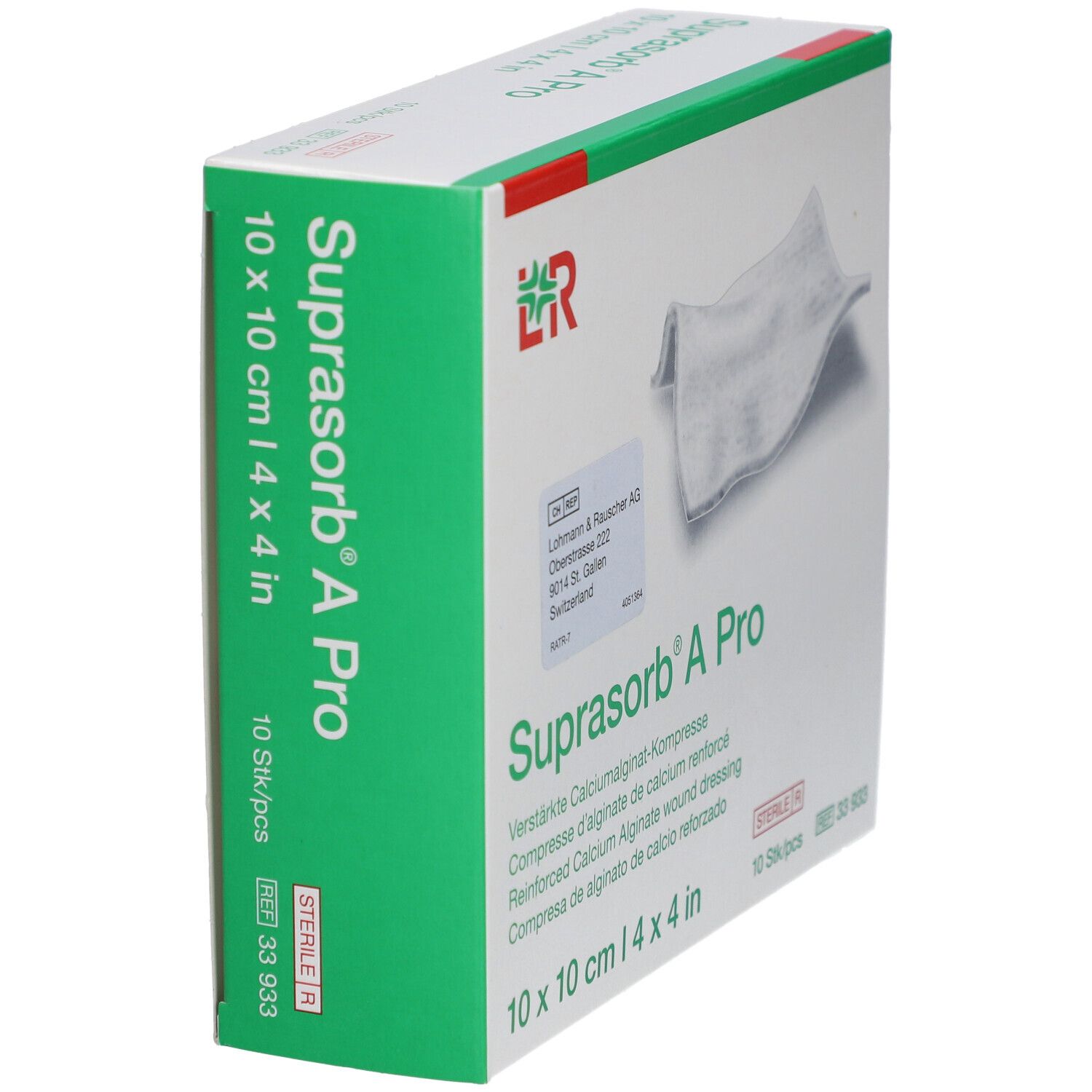 Vue en biais de l'emballage Suprasorb® A Pro. Nom du produit, taille 10 x 10 cm et informations du fabricant sont visibles.
