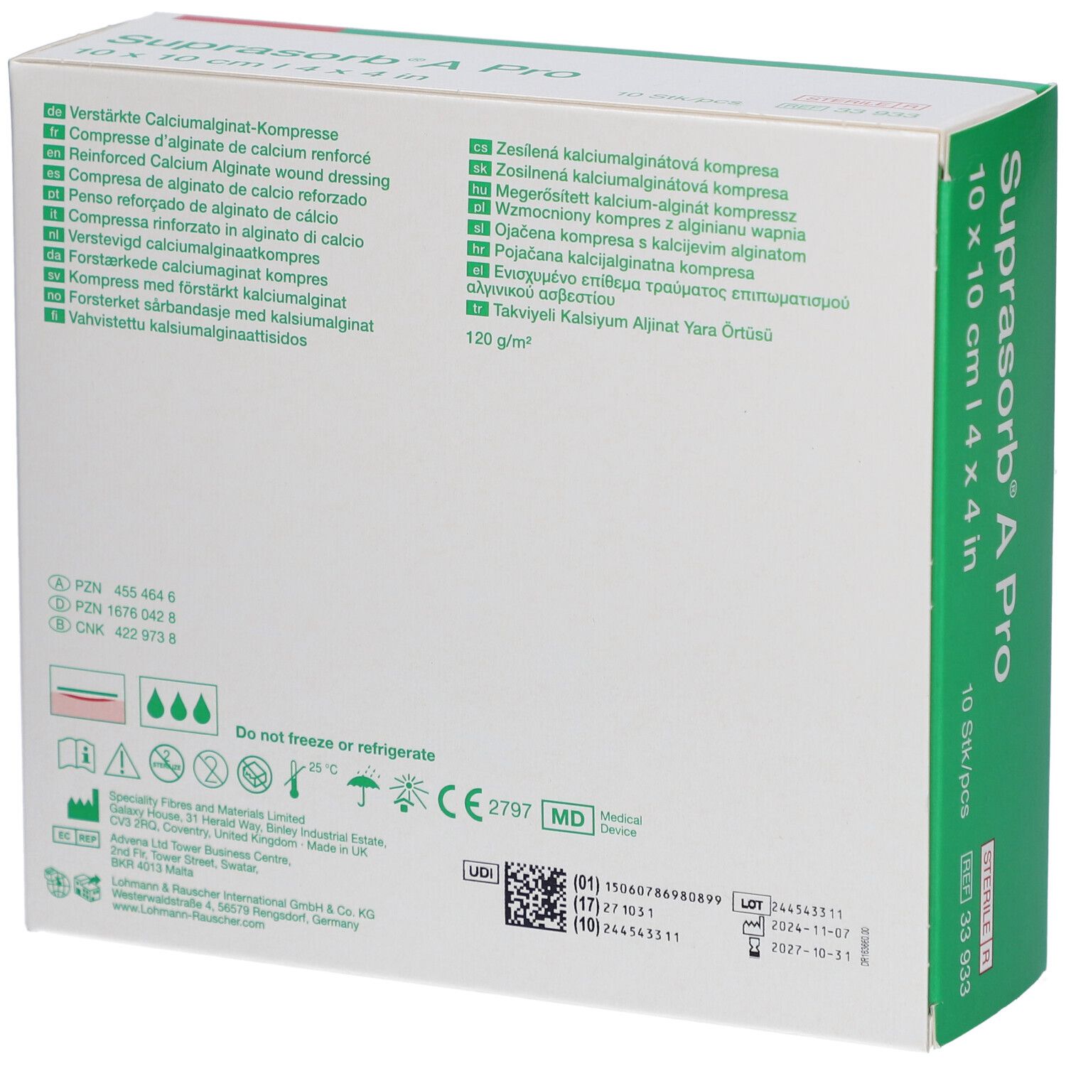 Dos de l'emballage Suprasorb® A Pro. Descriptions multilingues du produit, informations du fabricant et numéro de lot.