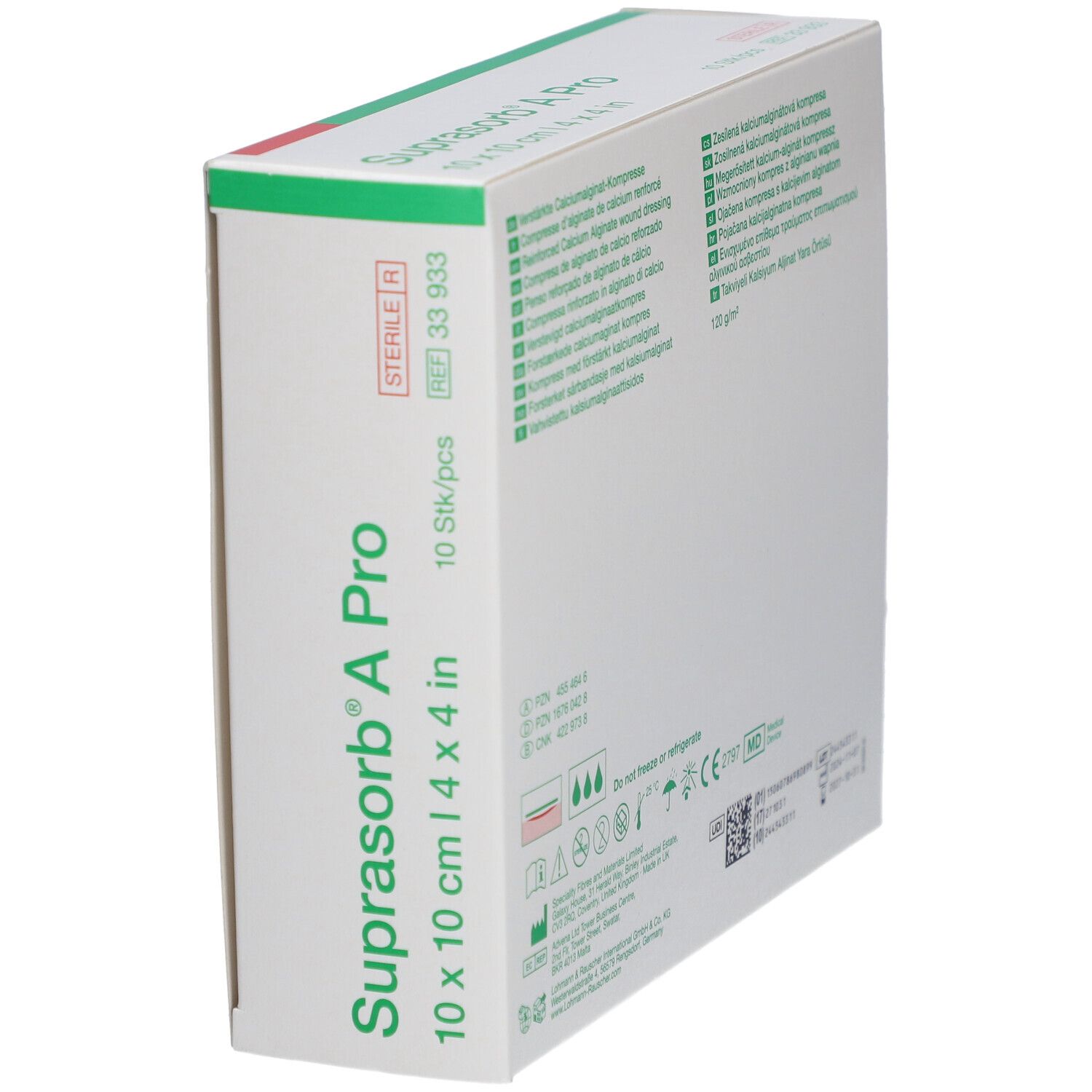 Vue en biais de l'emballage Suprasorb® A Pro. Nom du produit, taille 10 x 10 cm et informations du fabricant sont visibles.