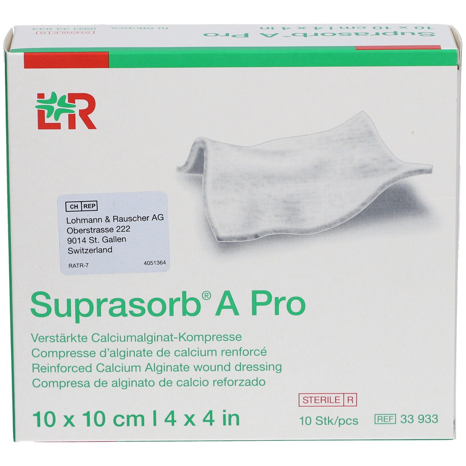 Boîte de compresses Suprasorb® A Pro 10 x 10 cm. Contient 10 pièces. Visible : logo, nom du produit, description, adresse du fabricant.