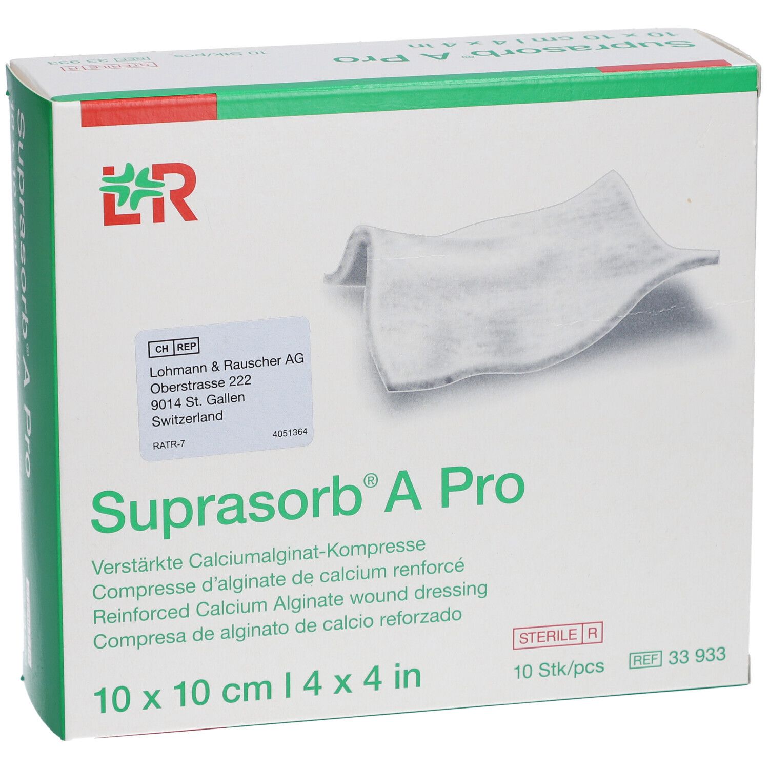Boîte de compresses Suprasorb® A Pro 10 x 10 cm. Contient 10 pièces. Visible : logo, nom du produit, description, adresse du fabricant.