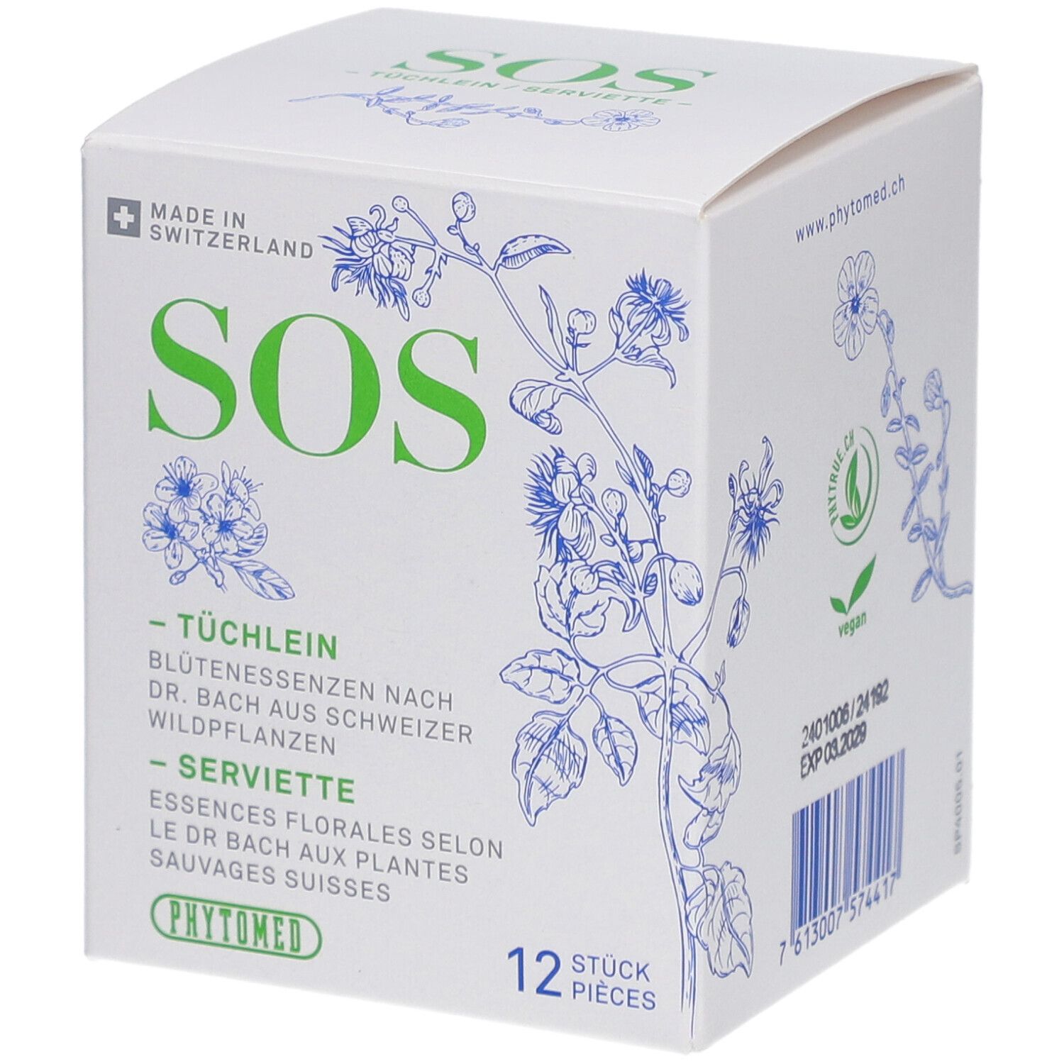 Boîte blanche avec texte vert SOS et illustrations florales. 12 pièces. Label vegan.