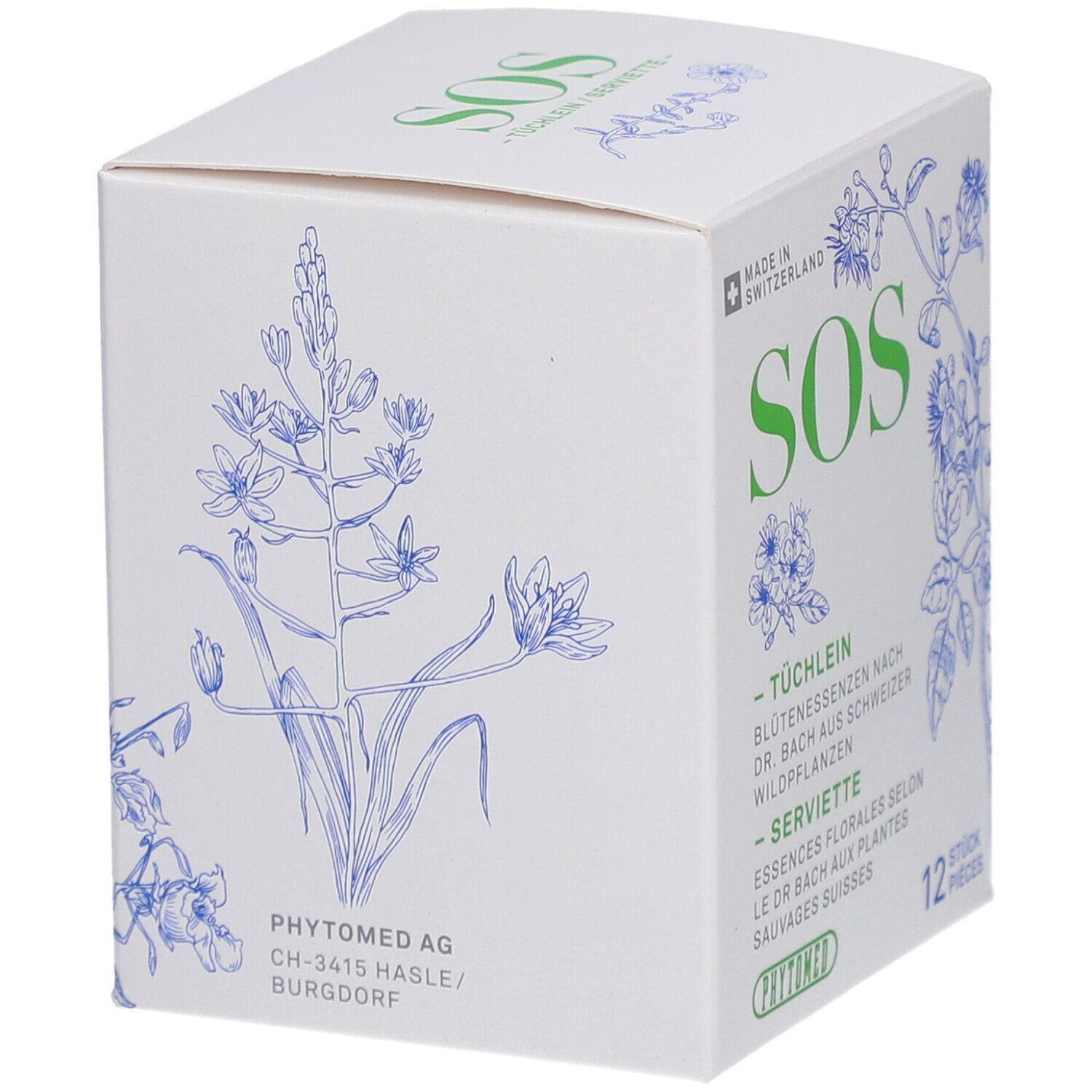 Boîte blanche avec texte vert SOS et illustrations florales. 12 pièces. Logo PhytoMed.