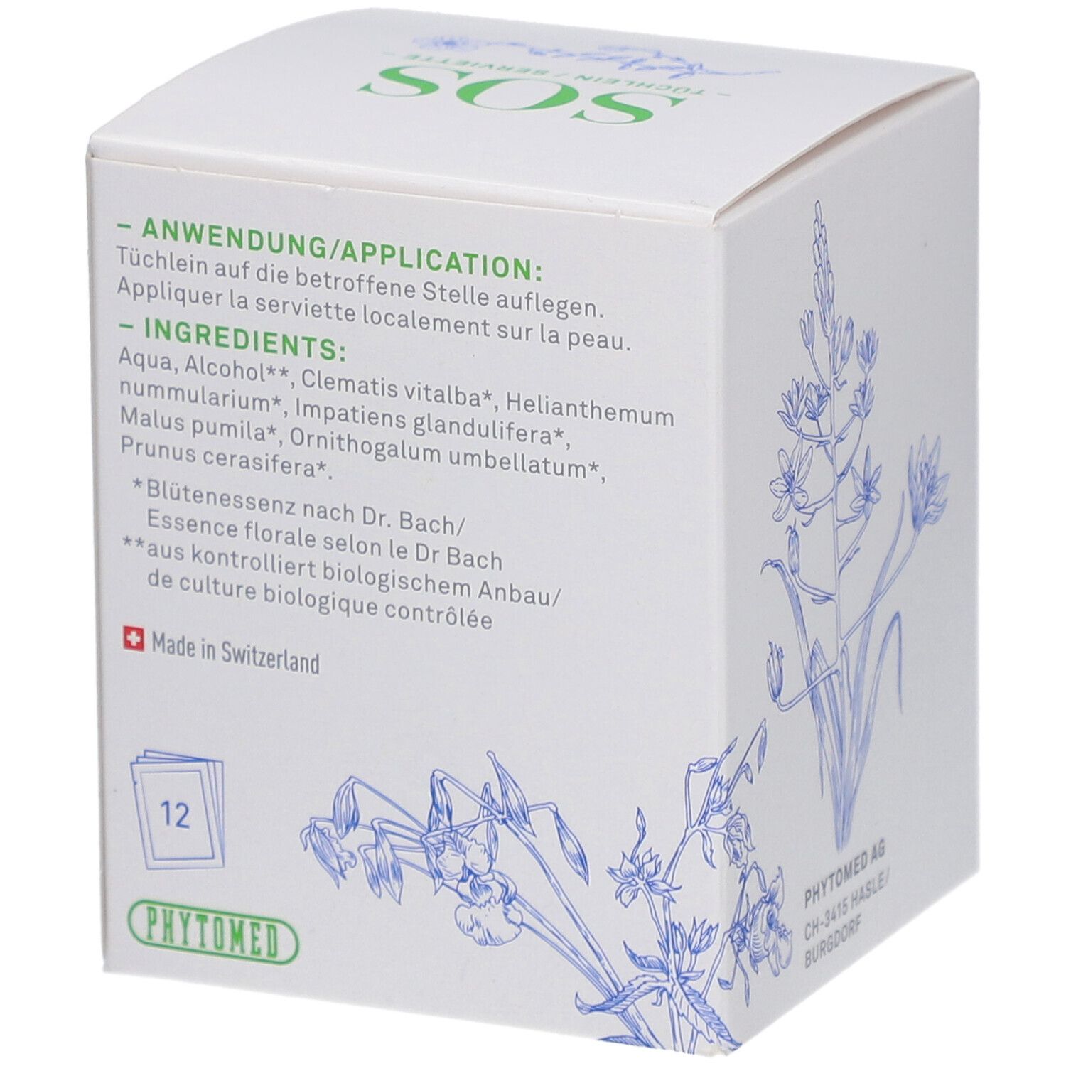 Boîte blanche avec texte: Application, ingrédients, 12 pièces. Illustrations florales. Fabriqué en Suisse.