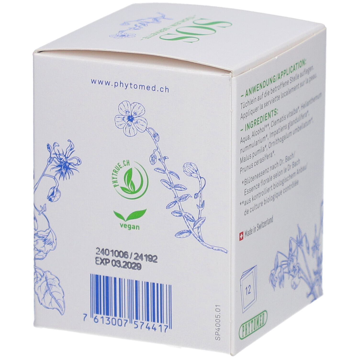Boîte blanche avec texte: Application, ingrédients, 12 pièces. Illustrations florales. Label vegan.