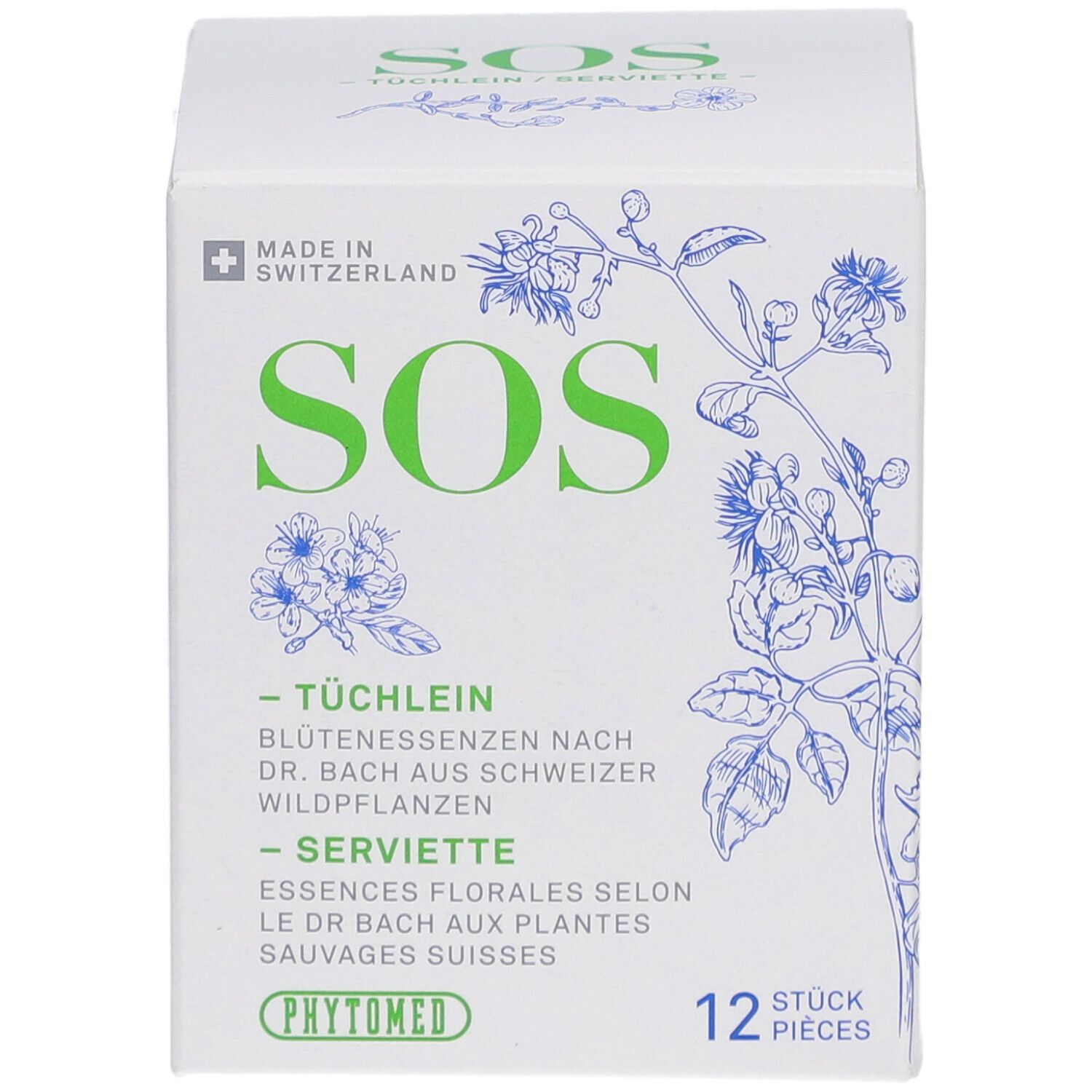Boîte blanche avec texte vert SOS et illustrations florales. 12 pièces. Logo PhytoMed.